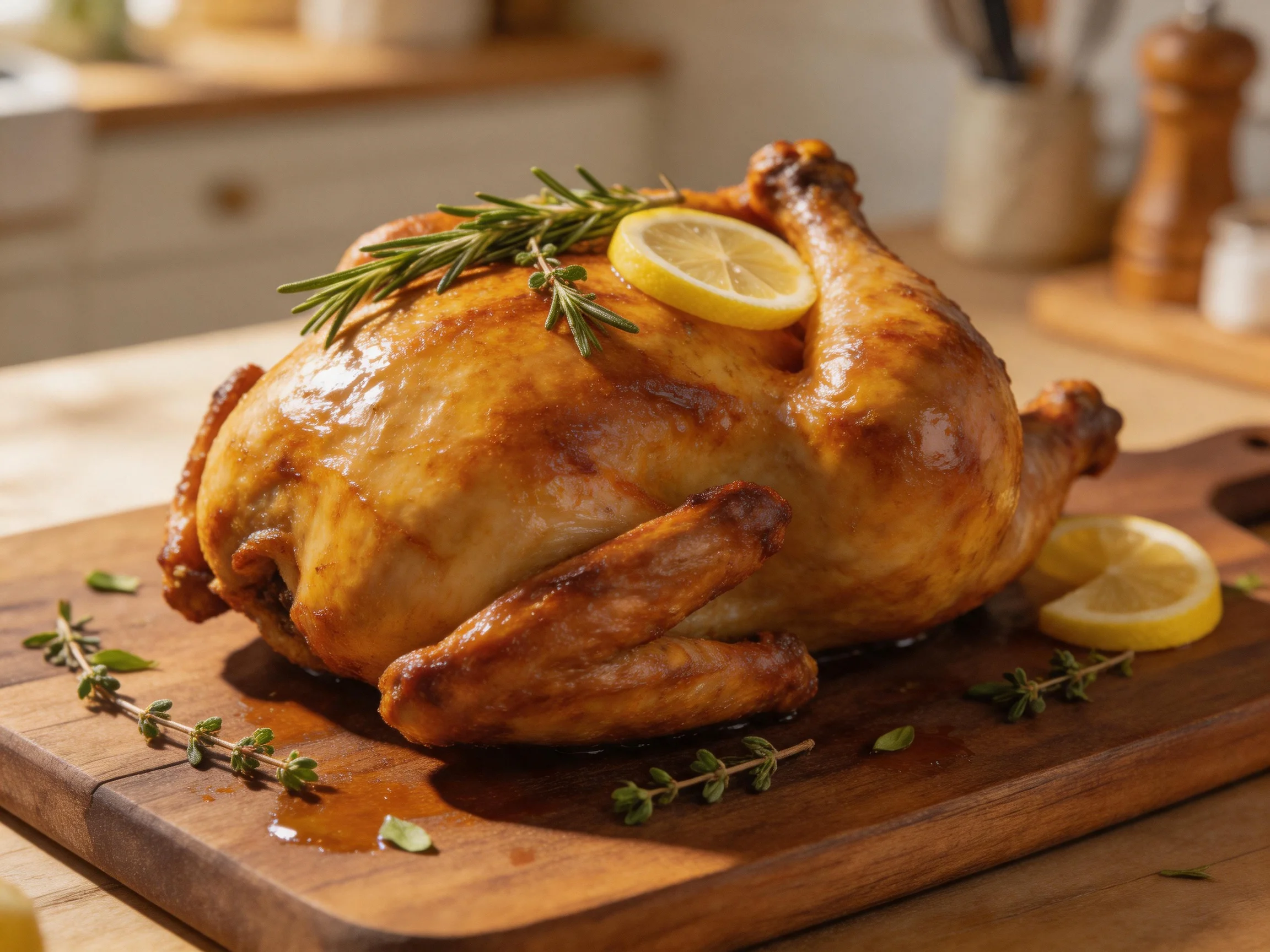 Golden-roasted chicken garnished with lemon slices and fresh herbs