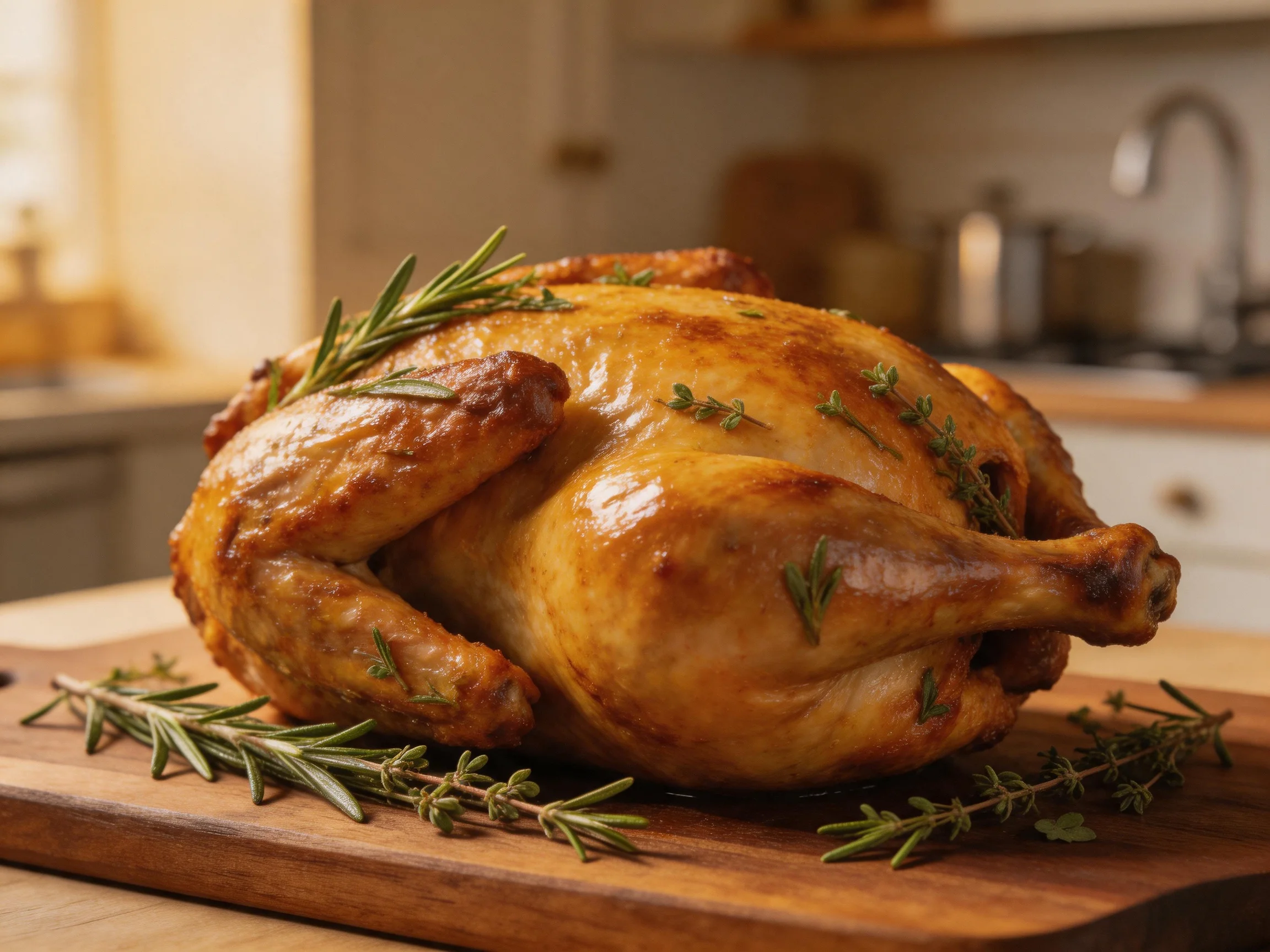 A golden roasted chicken with herb garnish rests on a wooden cutting board in a softly lit kitchen.