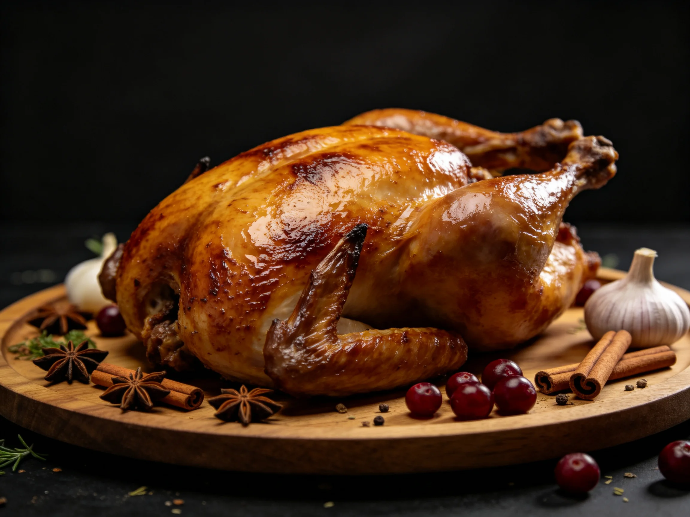 Golden roasted chicken with assorted spices on a wooden serving board