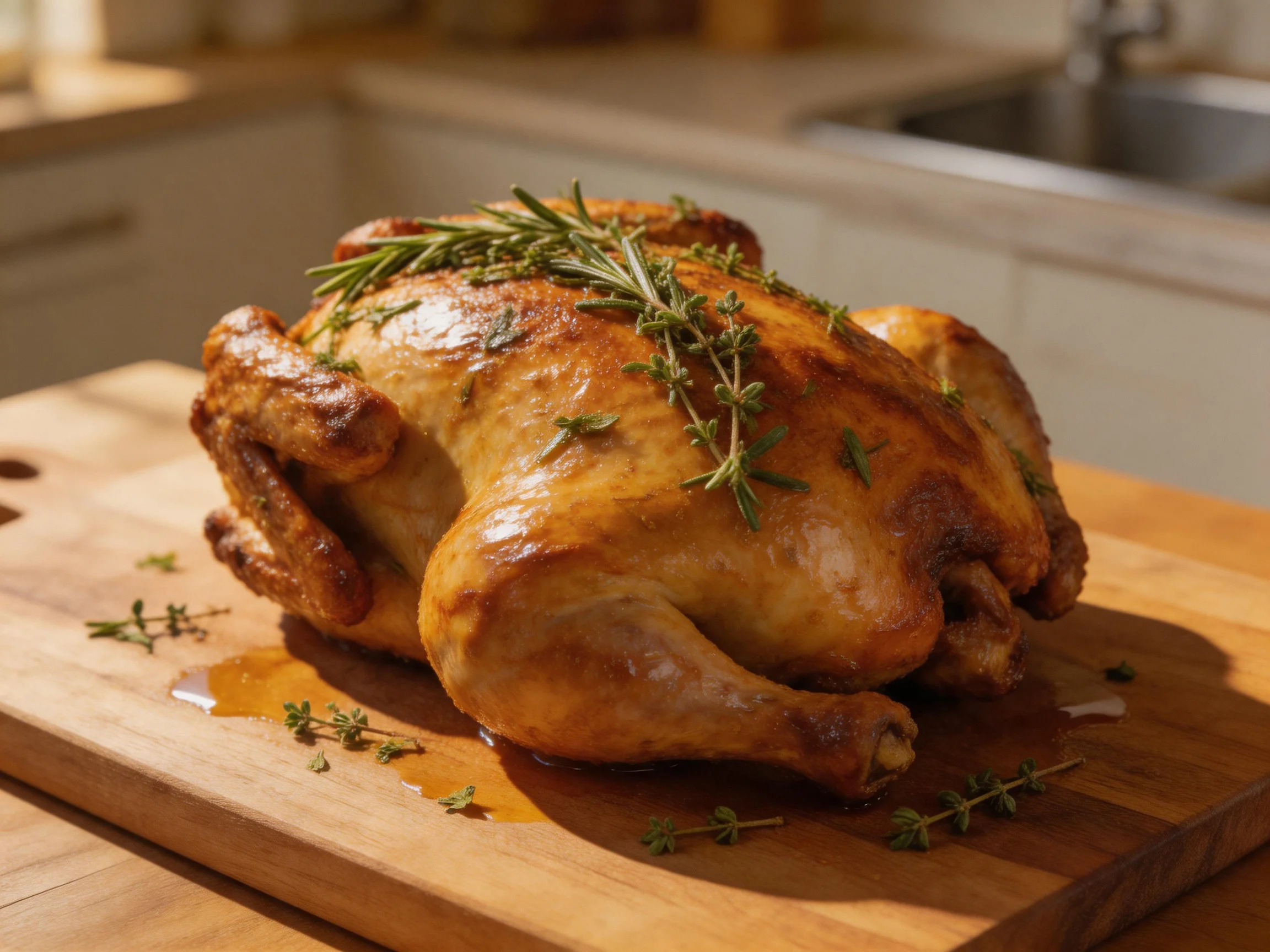 Golden-roasted whole chicken garnished with fresh herbs on a wooden cutting board