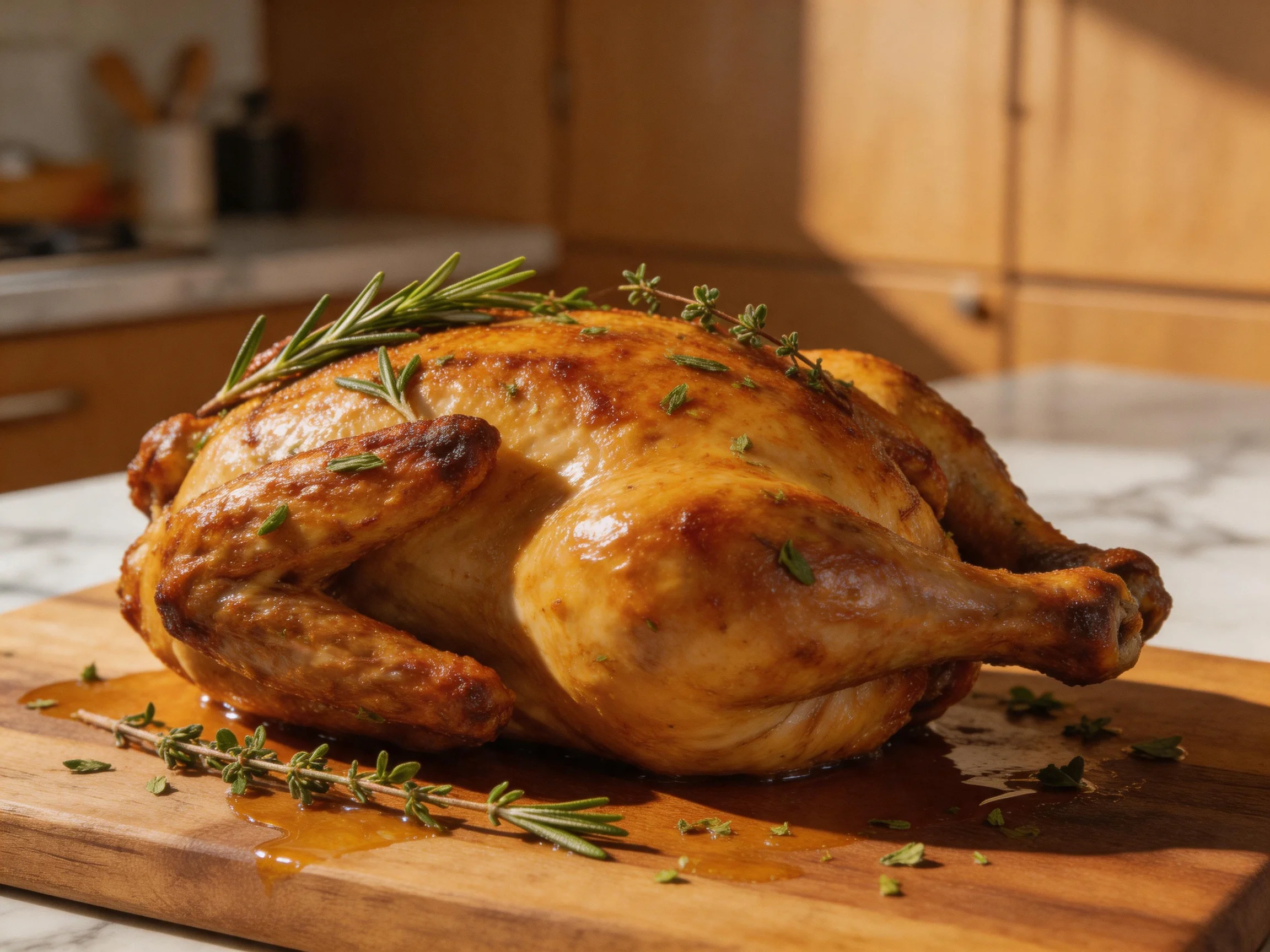 Golden-roasted whole chicken garnished with fresh herbs on a wooden cutting board