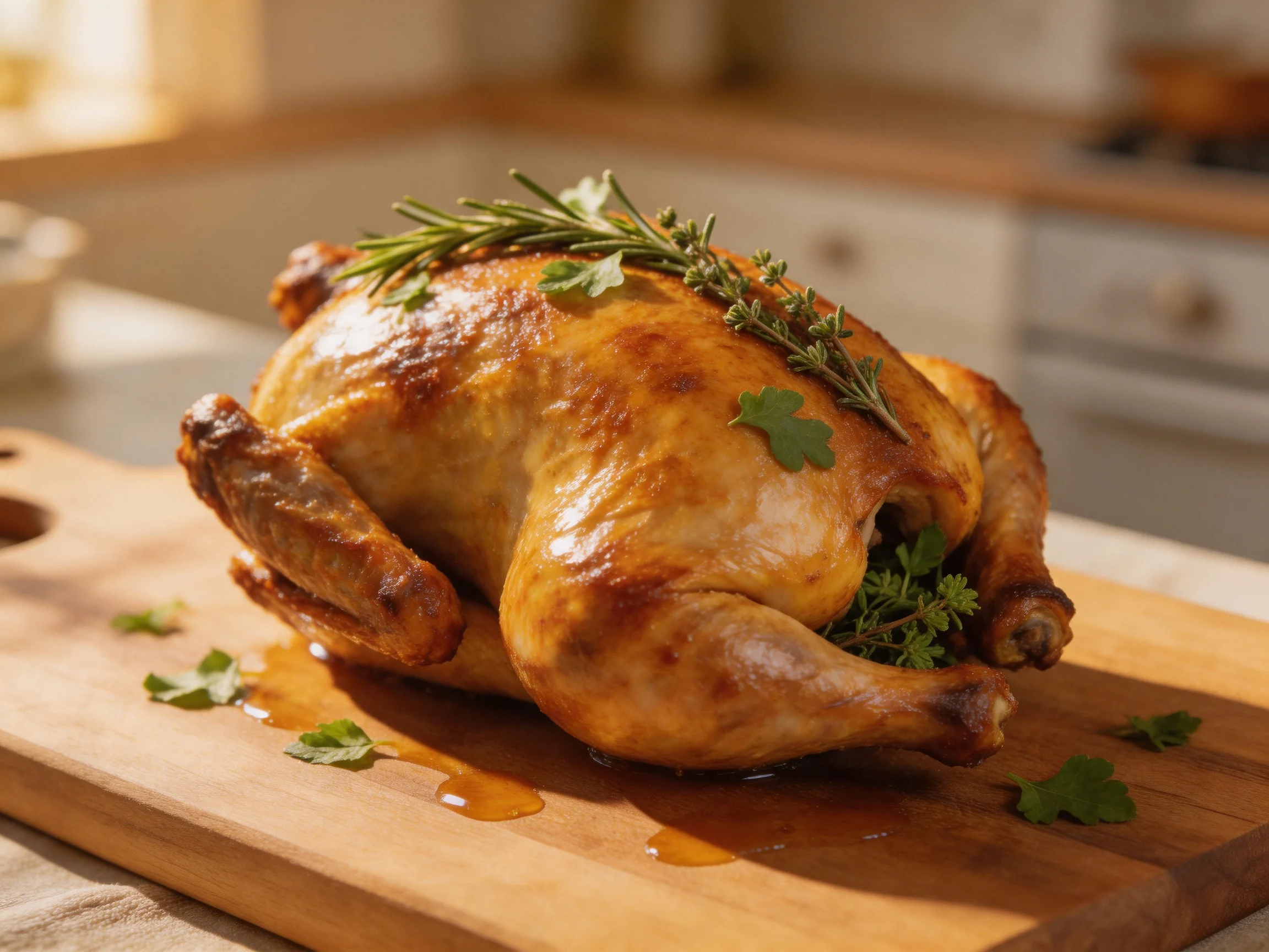 A golden-roasted chicken garnished with herbs sits on a wooden cutting board.