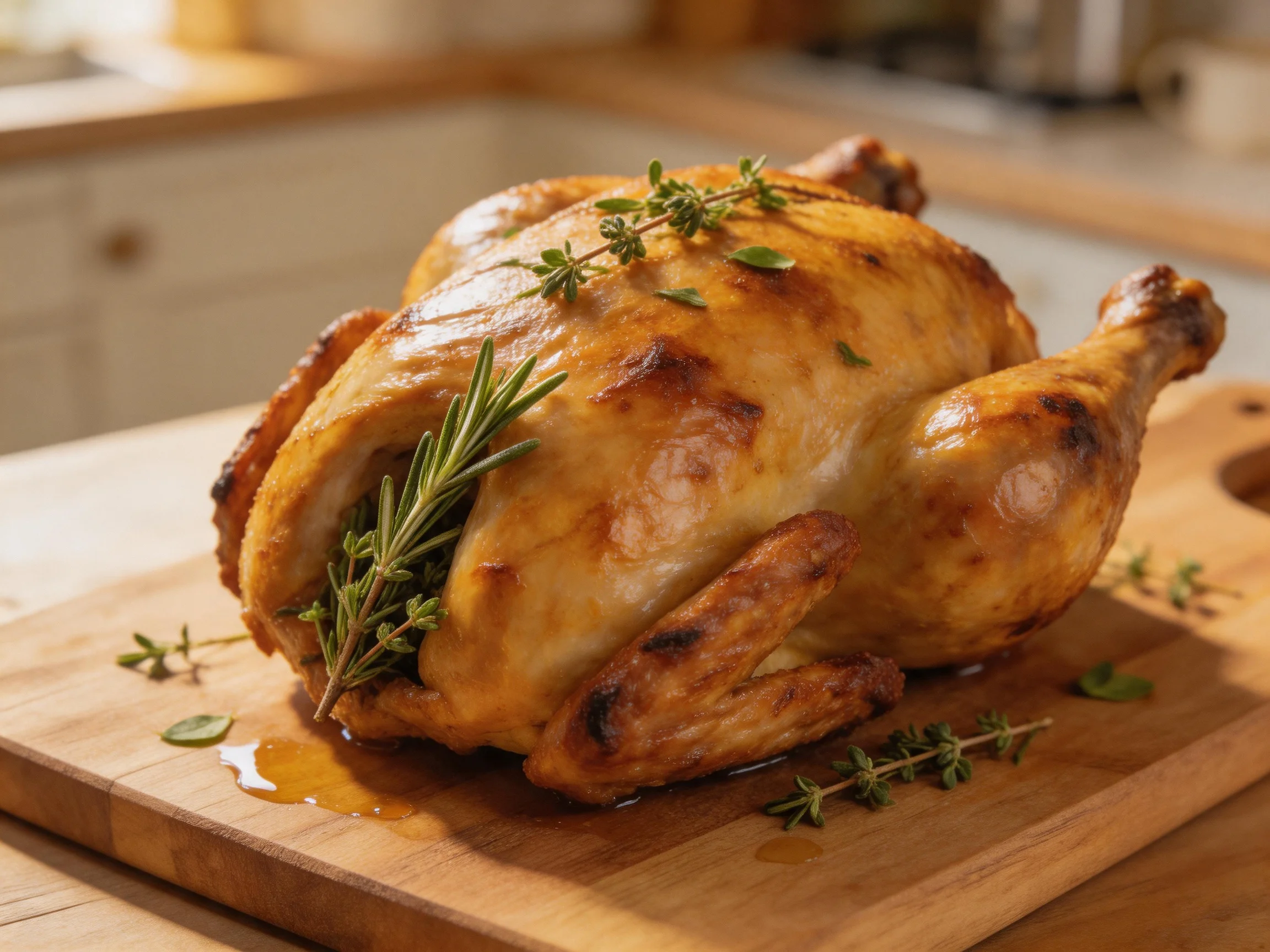 A golden-roasted whole chicken adorned with herbs rests on a wooden cutting board.