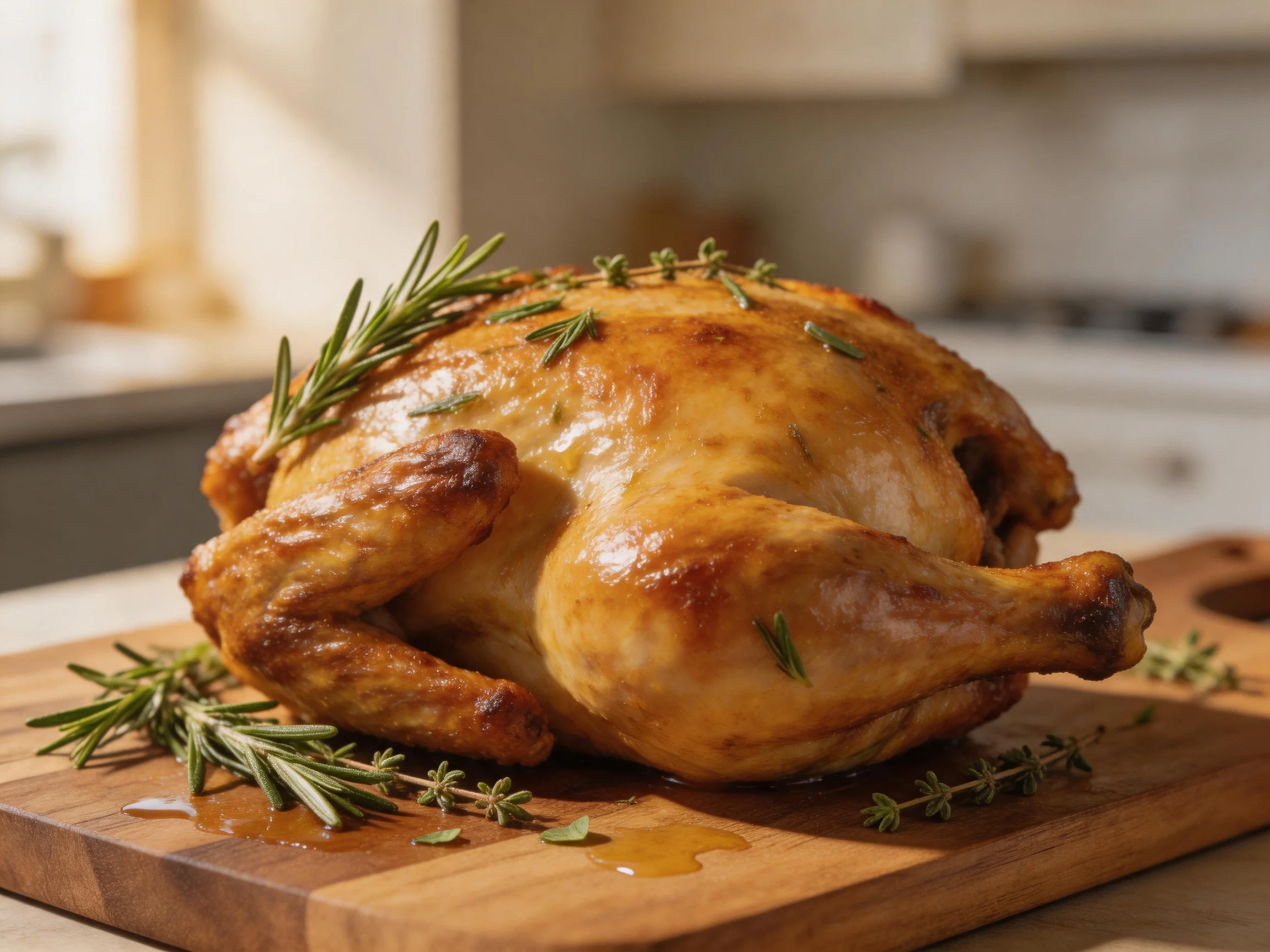 Golden-roasted whole chicken garnished with fresh herbs on wooden cutting board