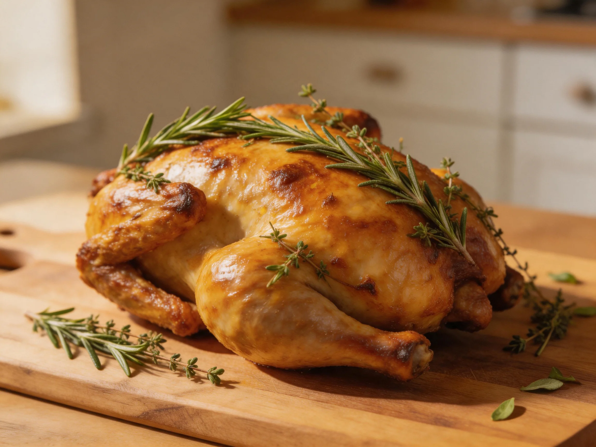 Golden-roasted whole chicken garnished with fresh rosemary and thyme