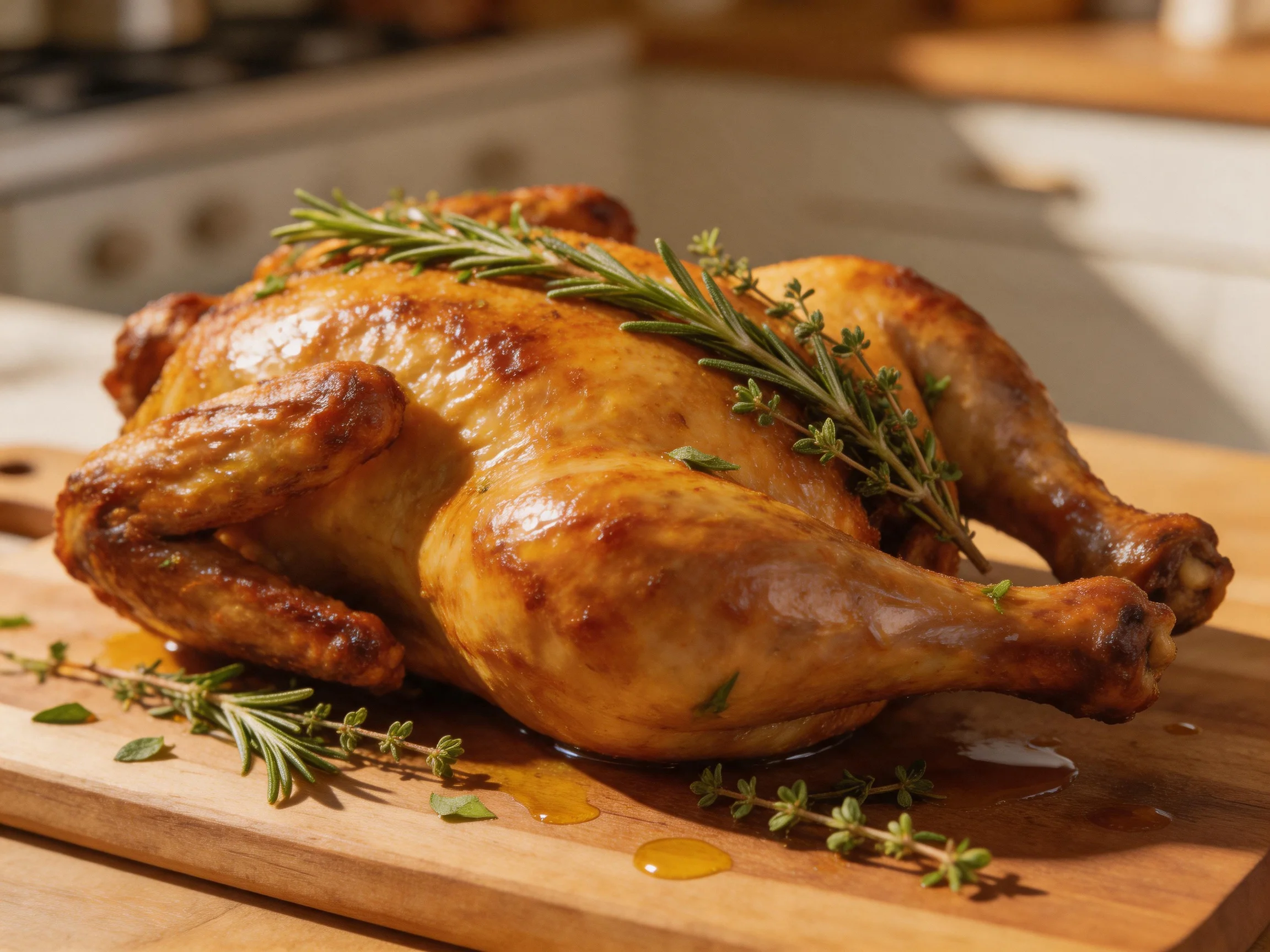 Golden-roasted whole chicken garnished with fresh rosemary and thyme