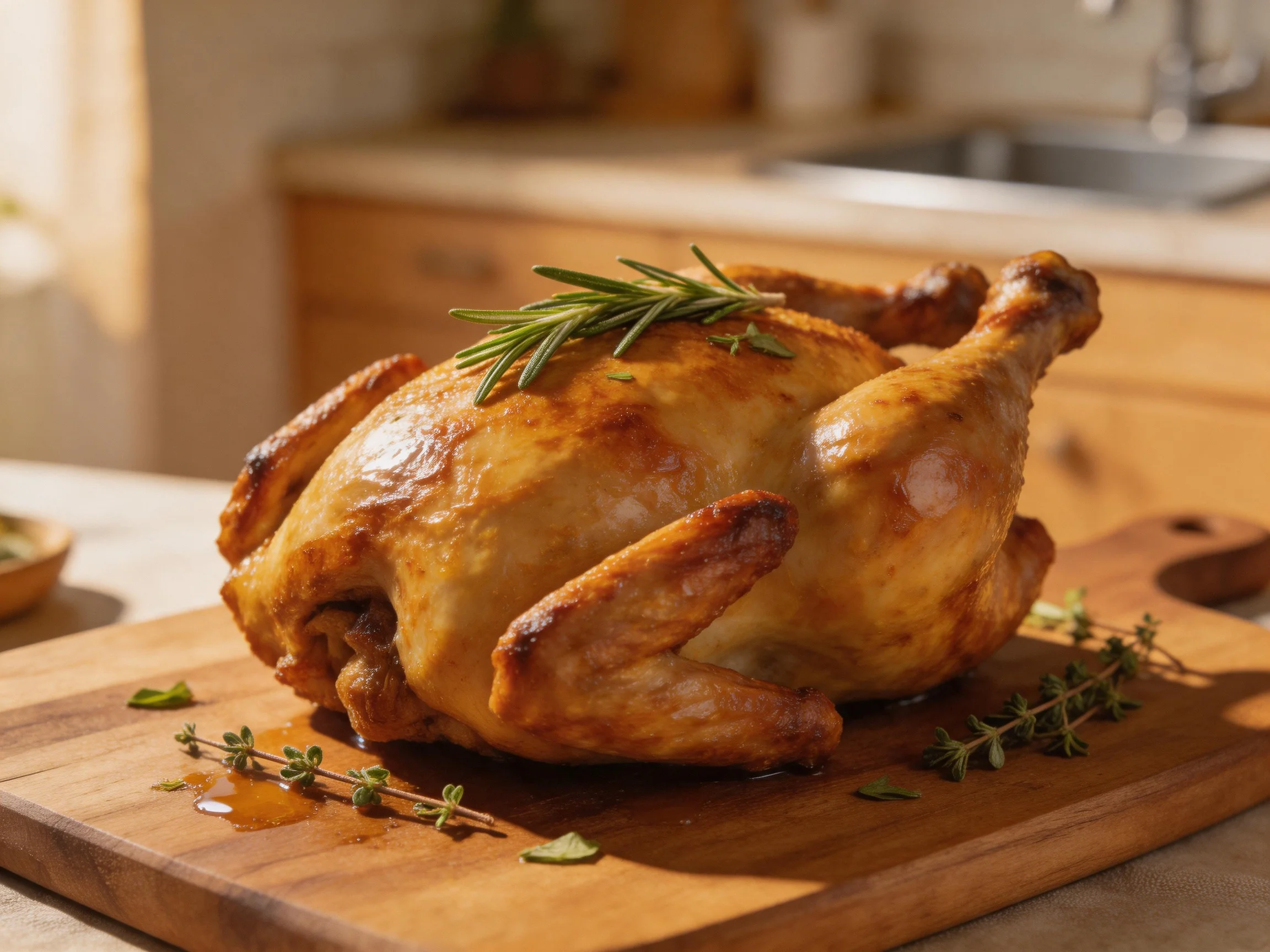 Golden-roasted whole chicken garnished with fresh rosemary and thyme
