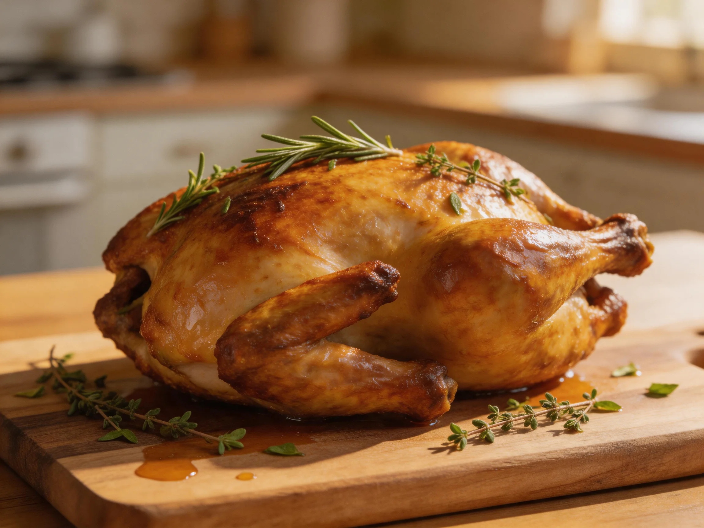 Golden-roasted whole chicken garnished with fresh rosemary and thyme