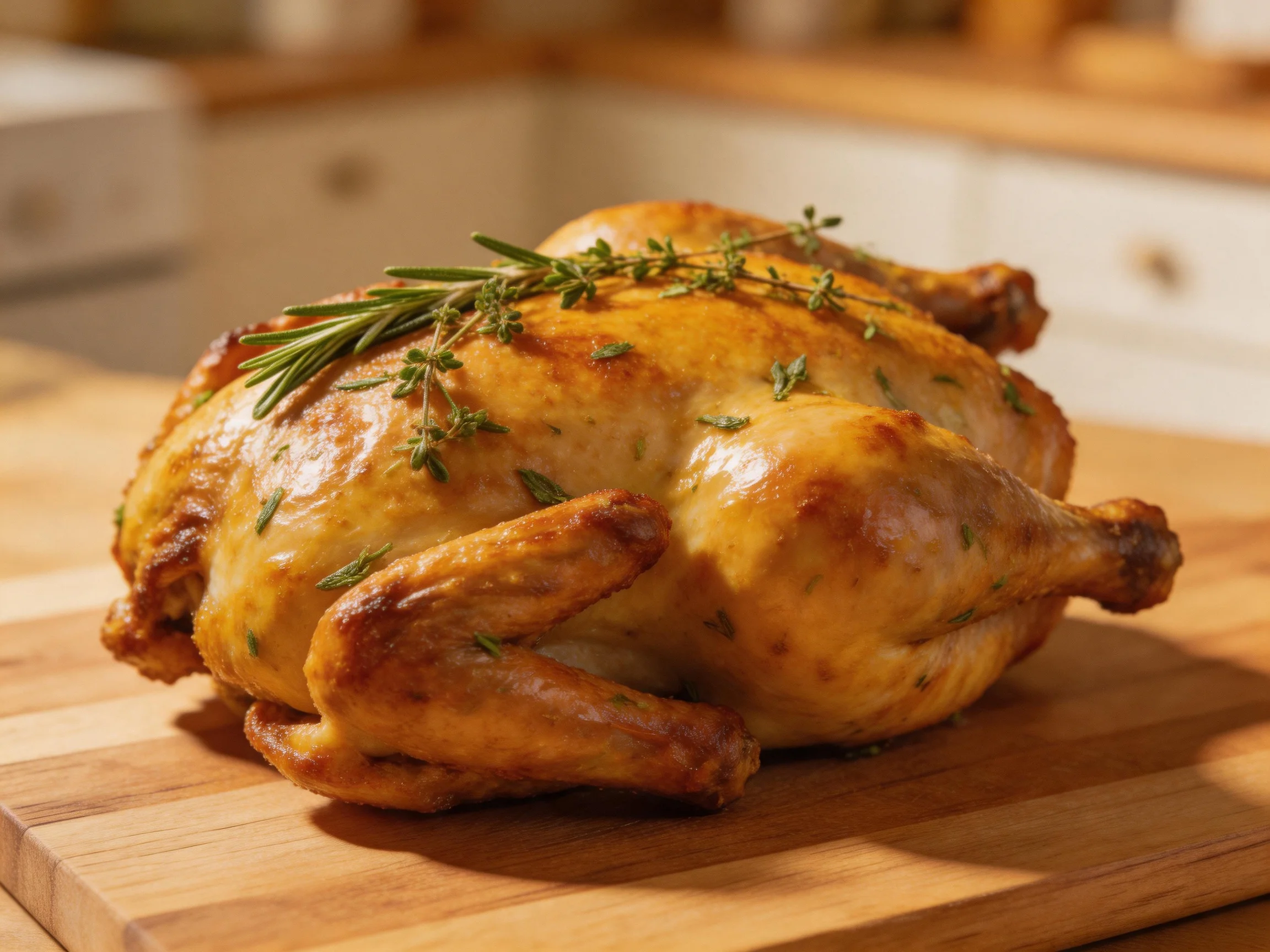Golden-roasted whole chicken garnished with fresh rosemary and thyme