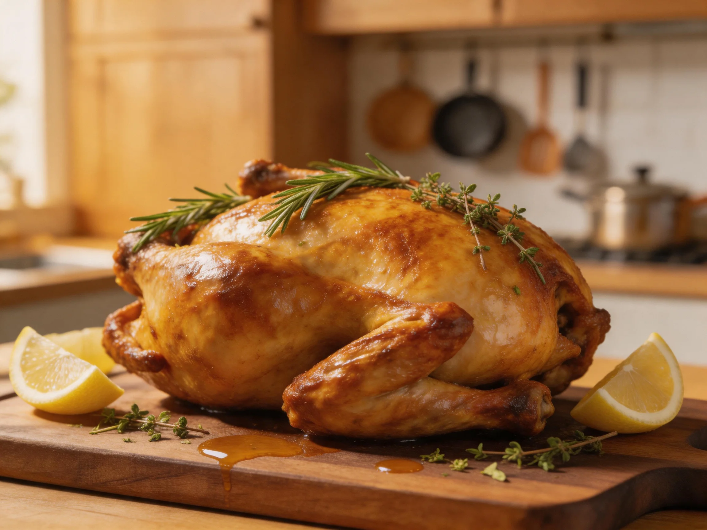 Golden-roasted whole chicken garnished with herbs and lemon wedges