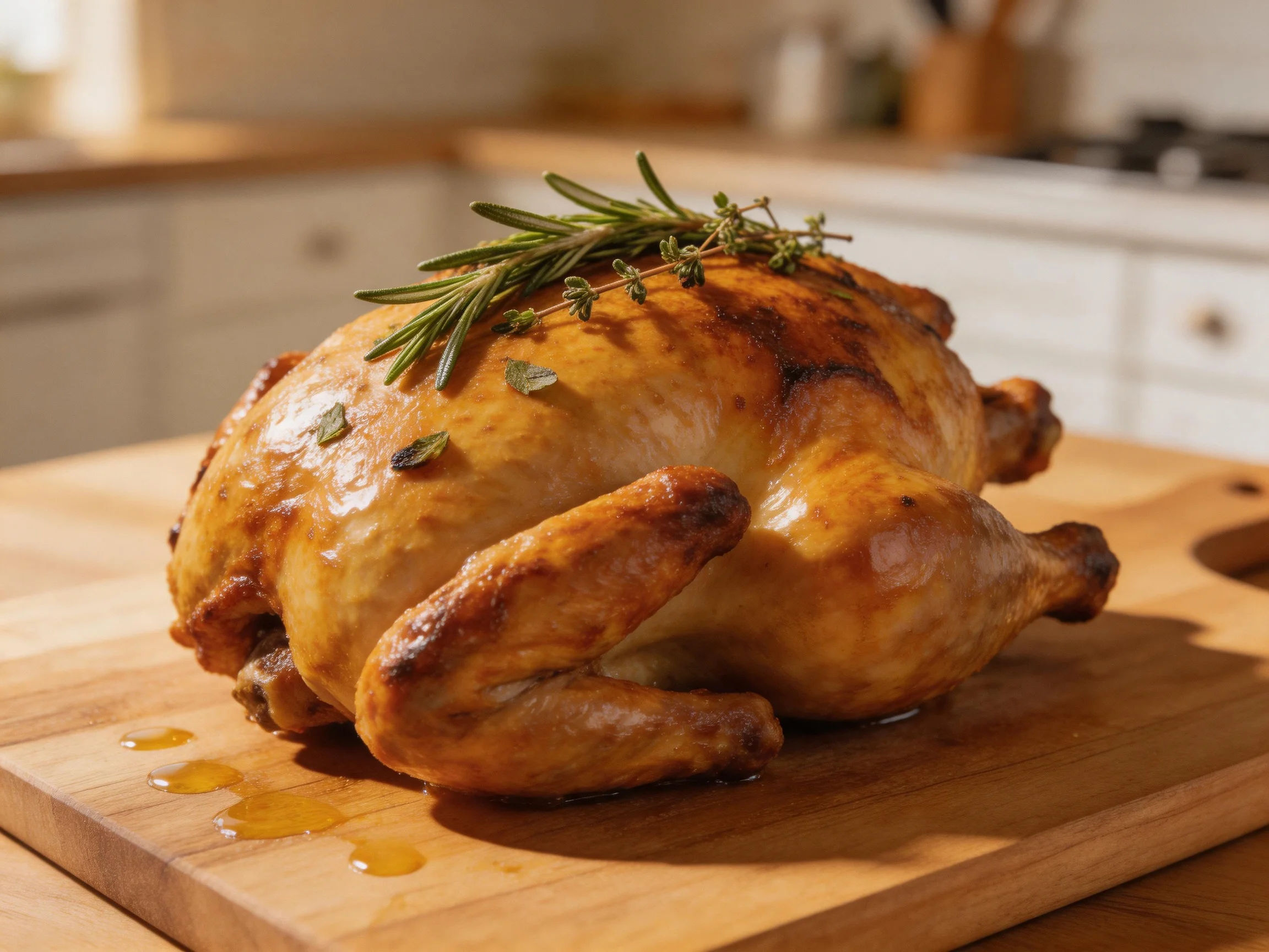 Golden roasted whole chicken garnished with herbs on wooden cutting board