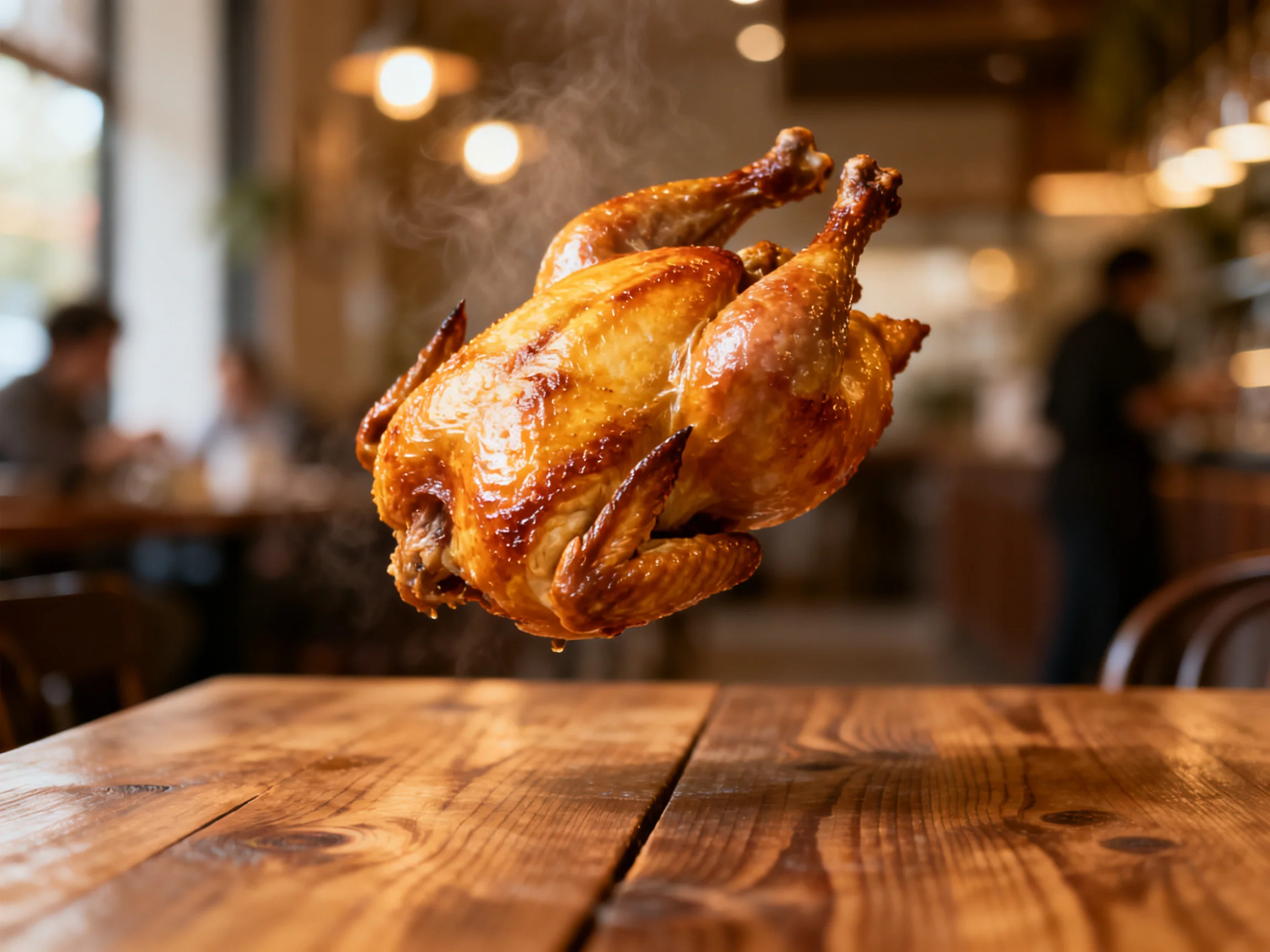 Roasted chicken hovers above a wooden table in a cozy restaurant setting.