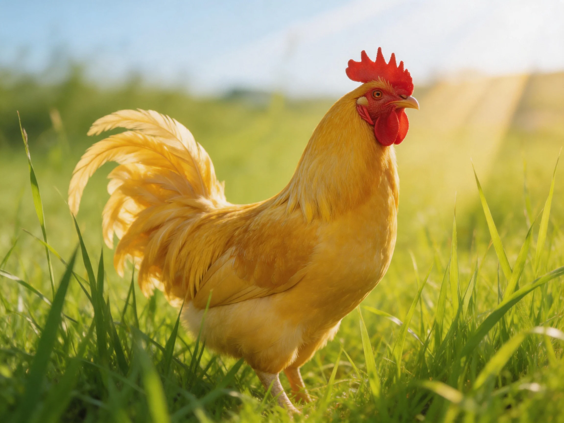 Golden rooster standing in lush green grass under bright sunlight