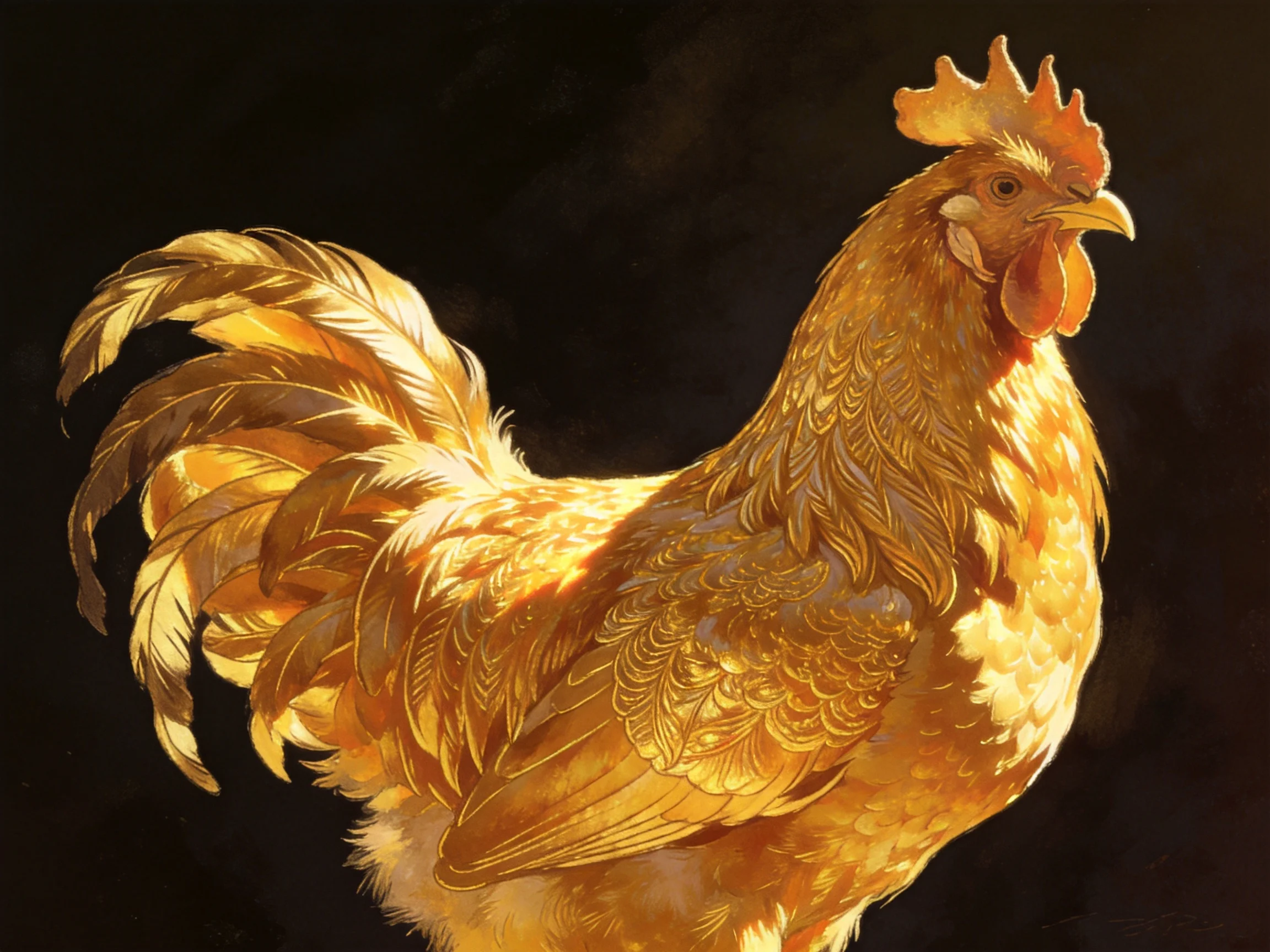 Golden rooster with elaborate feather details on dark background