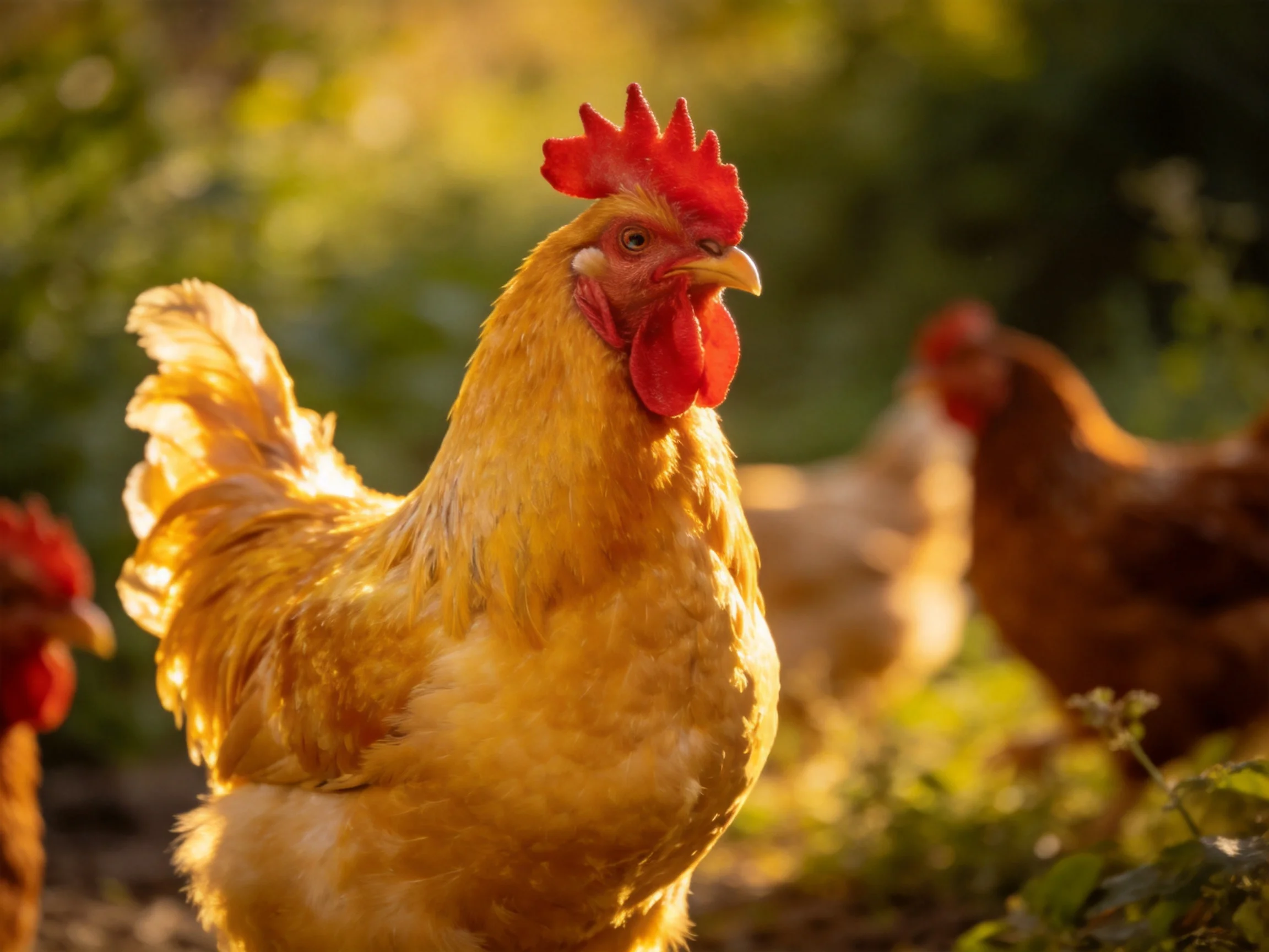 Golden rooster with vibrant red comb among several chickens in sun-drenched farmyard