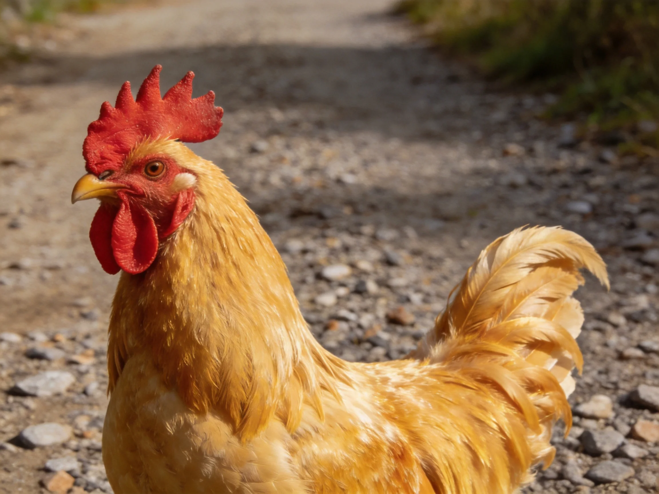 Golden rooster with vibrant red comb on gravel path