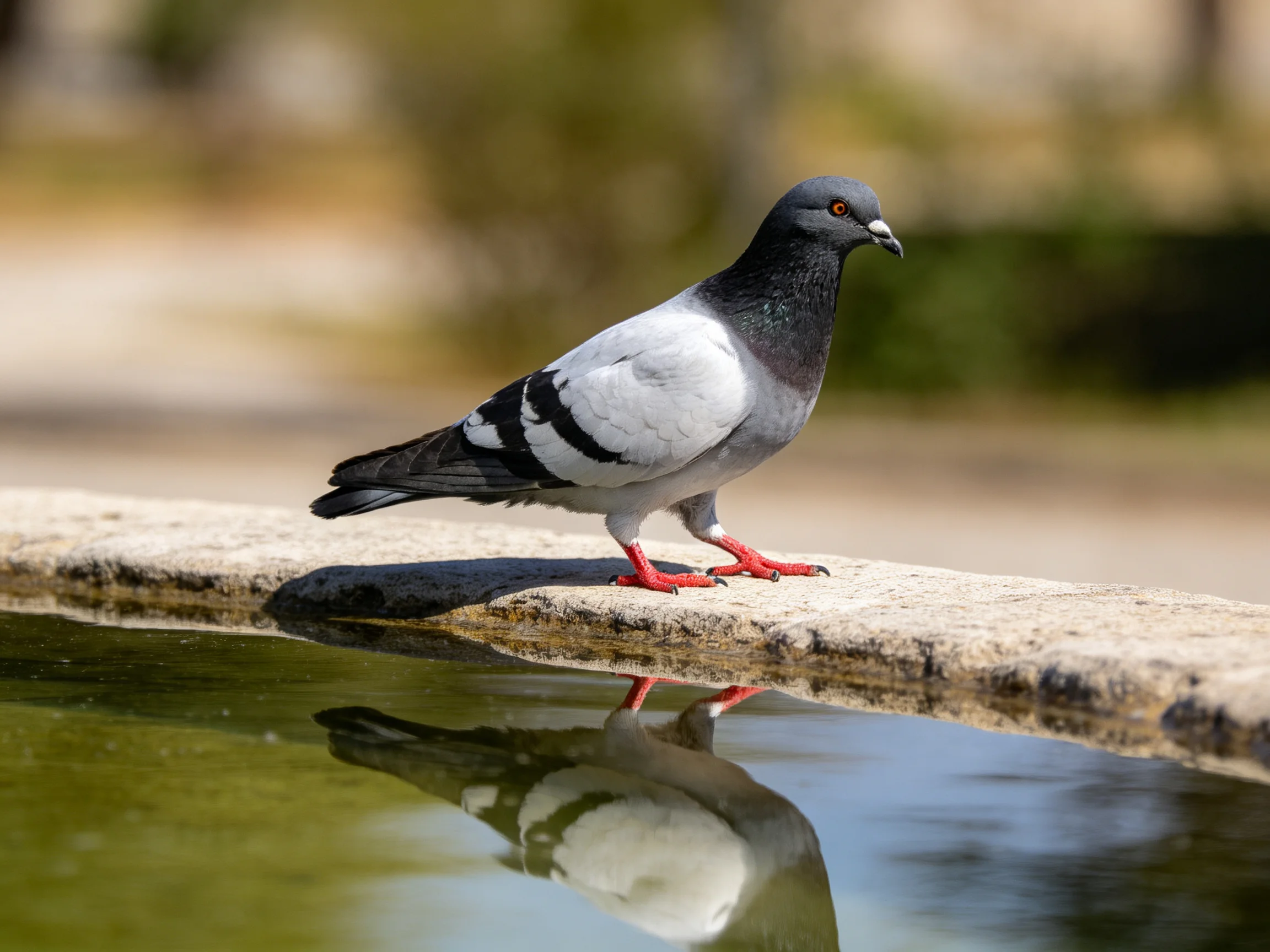 Gray and black pigeon perched on stone ledge by calm water
