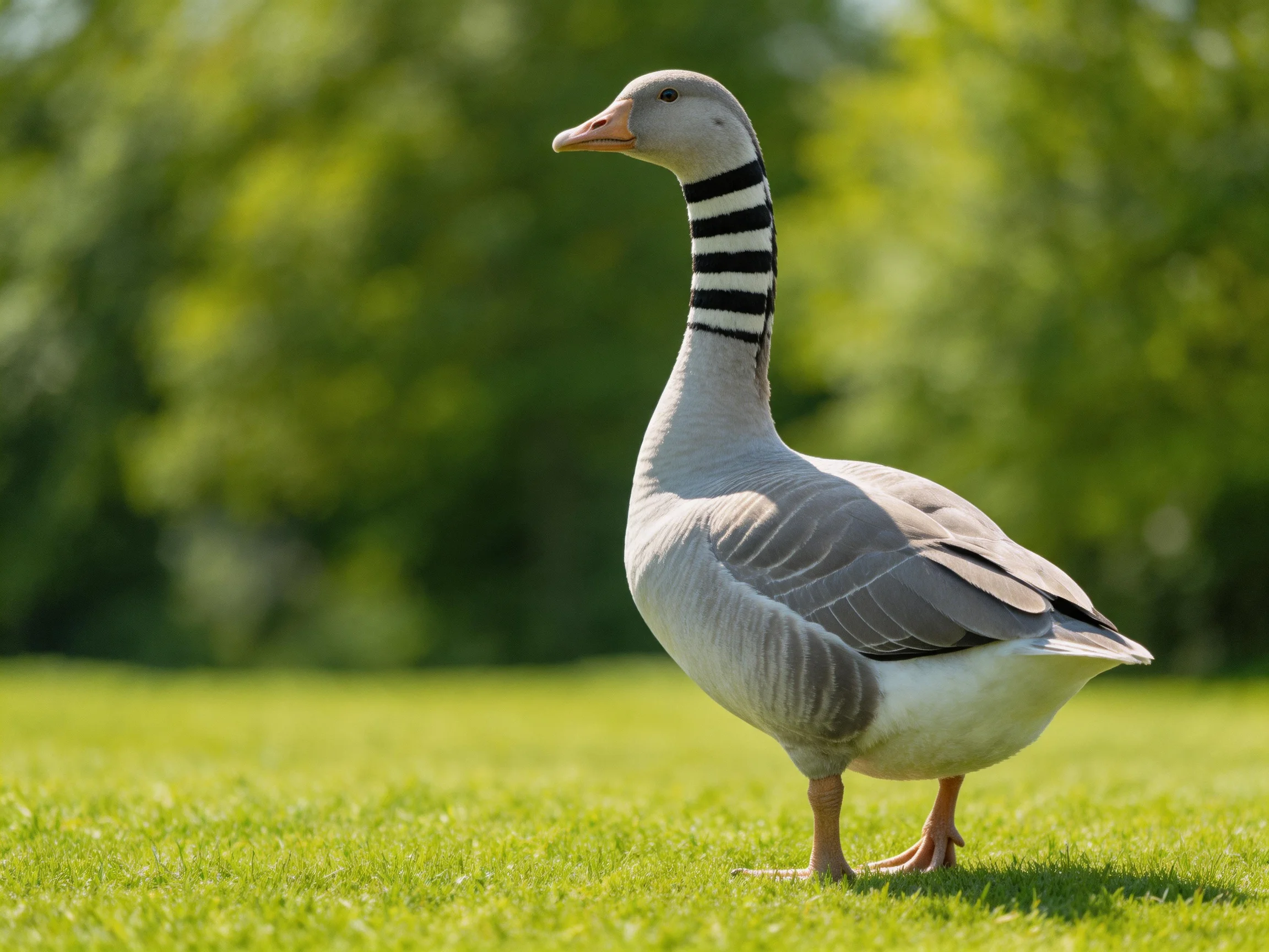 Gray and black striped goose on lush green grass