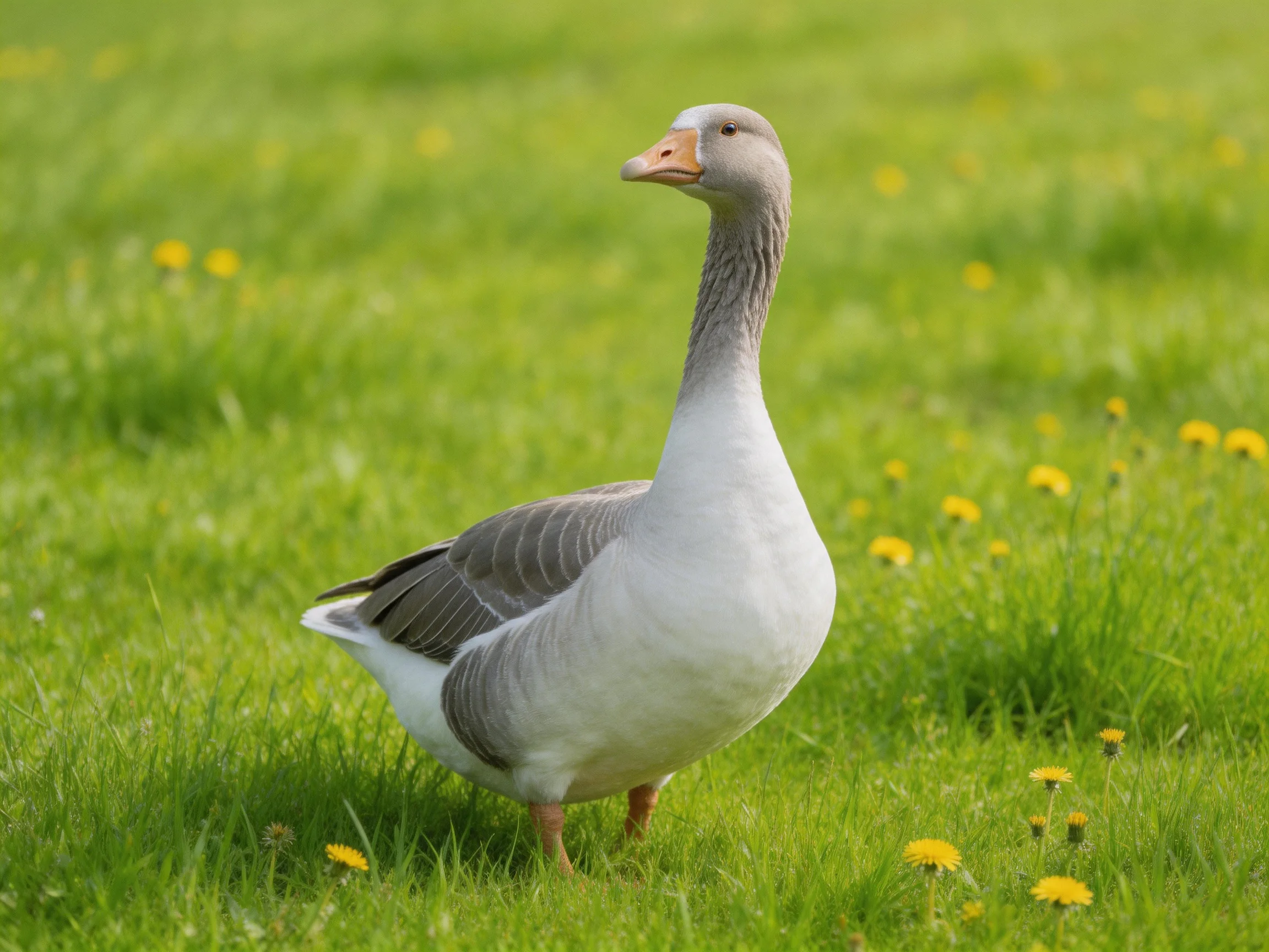 Gray and white goose in a lush green meadow with yellow wildflowers