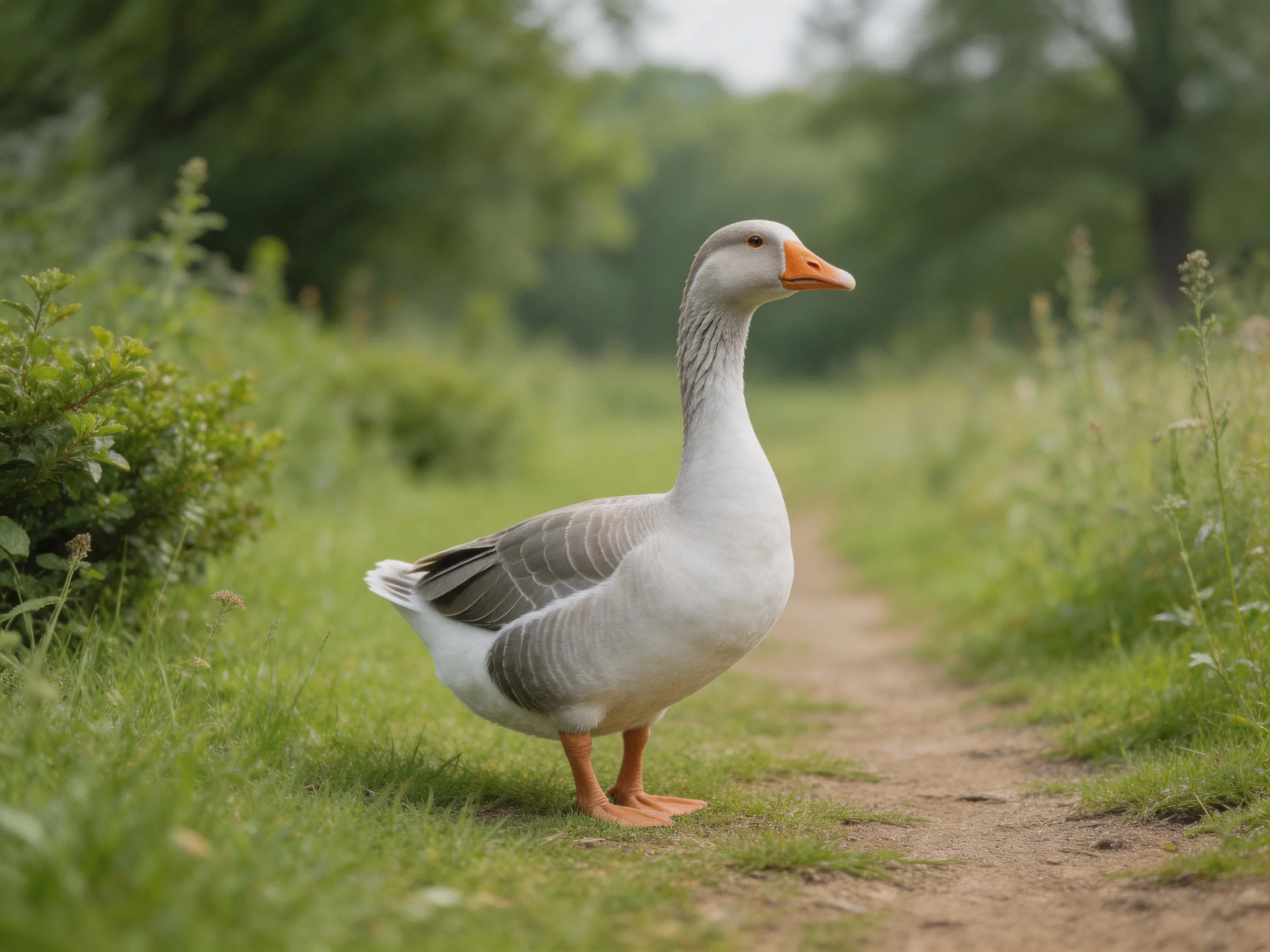 Gray and white goose on a grassy dirt path among lush greenery