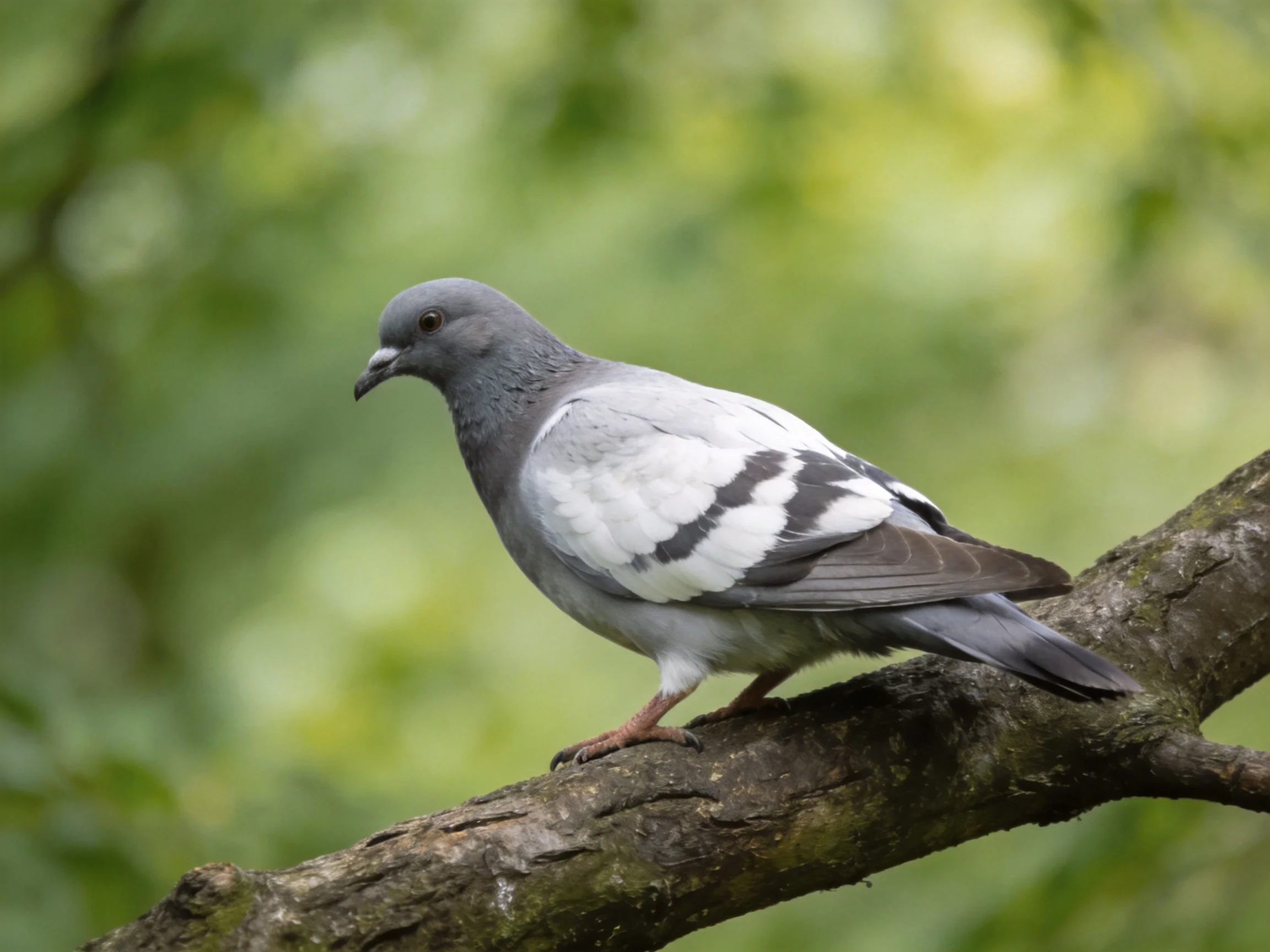 Gray and white pigeon perched on a gnarled tree branch