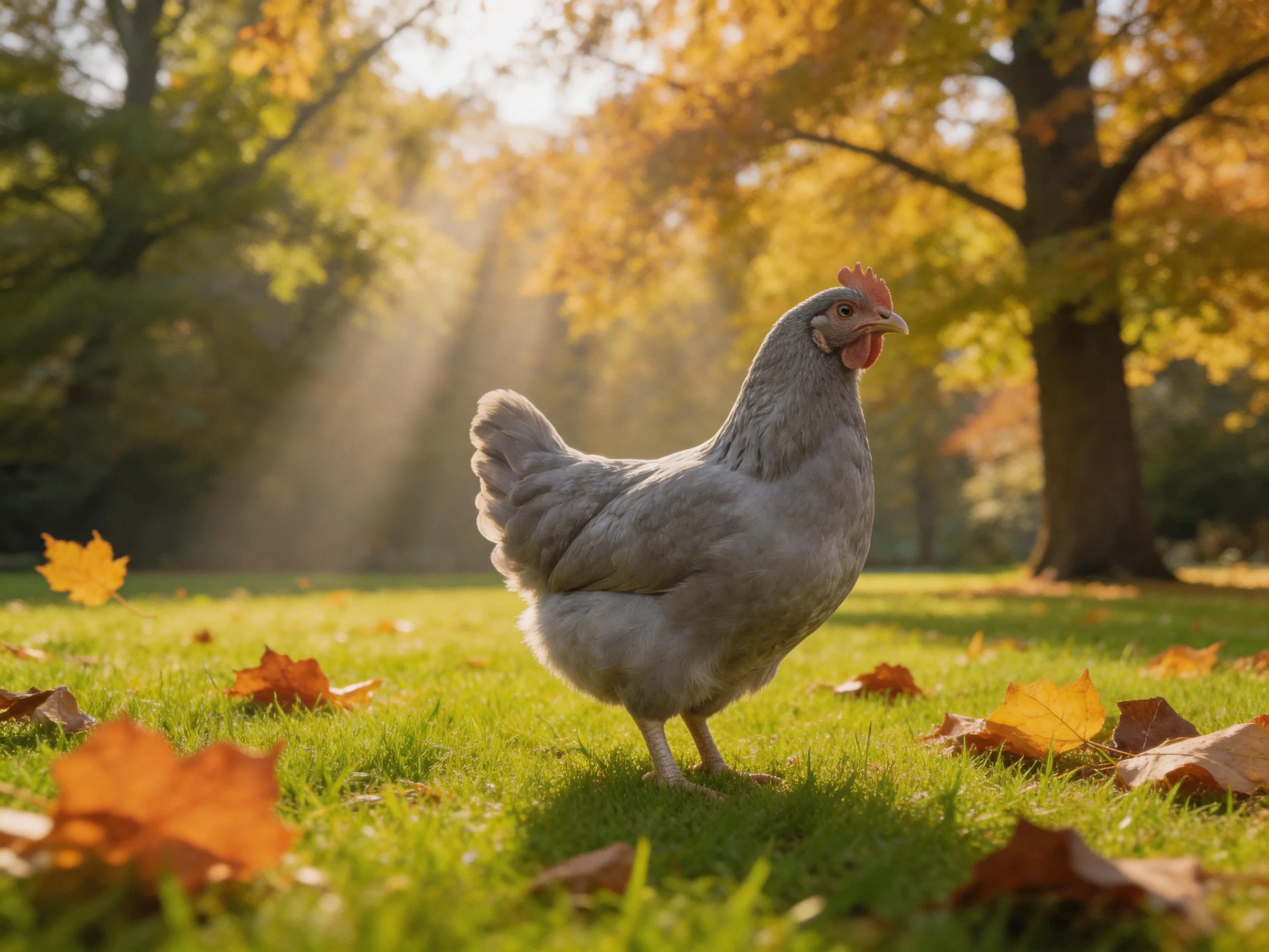 Gray chicken roams grassy field with autumn leaves and trees