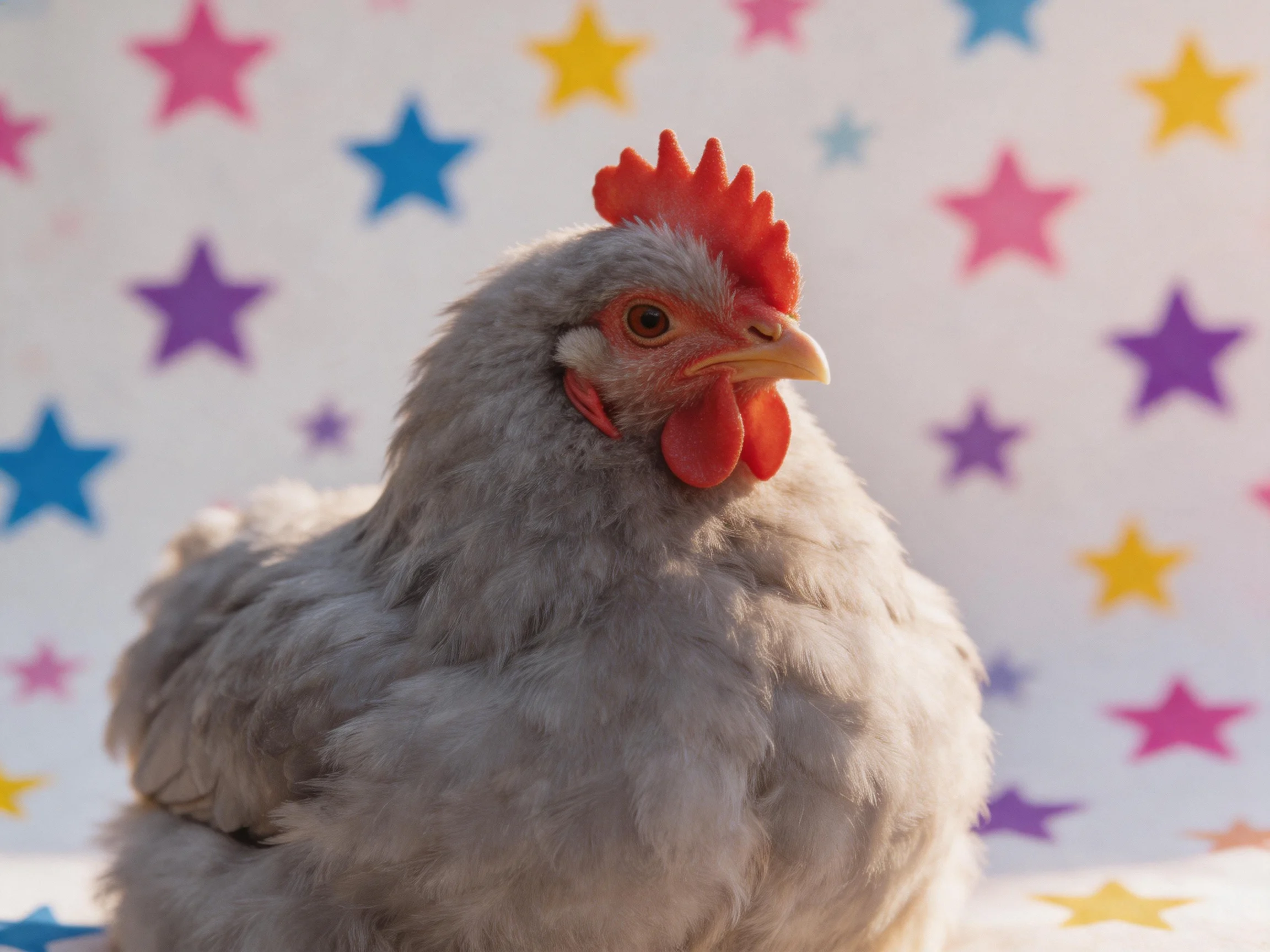Gray chicken with red comb near colorful star-patterned backdrop