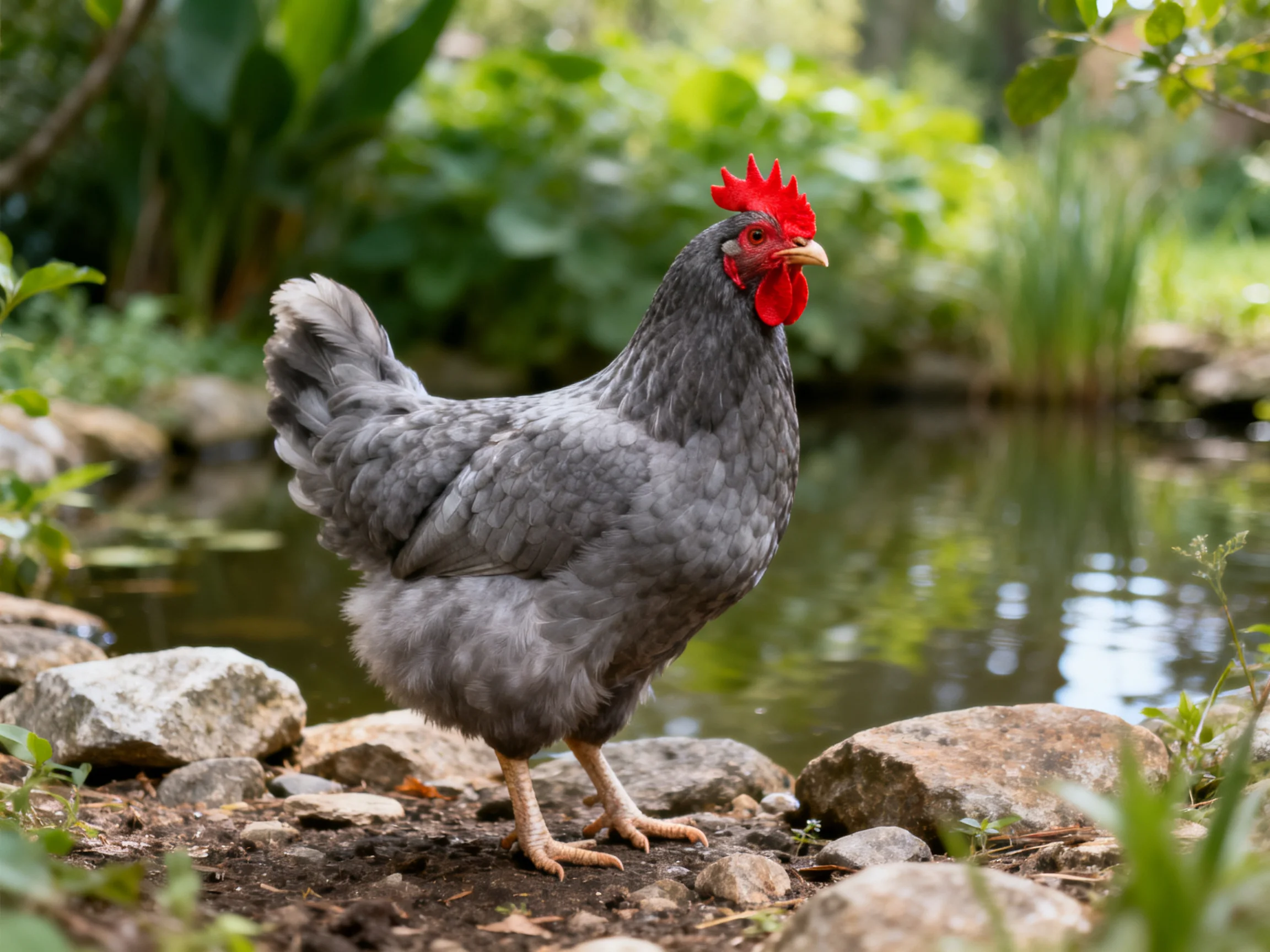 Gray chicken with red comb near pond by rocks and greenery