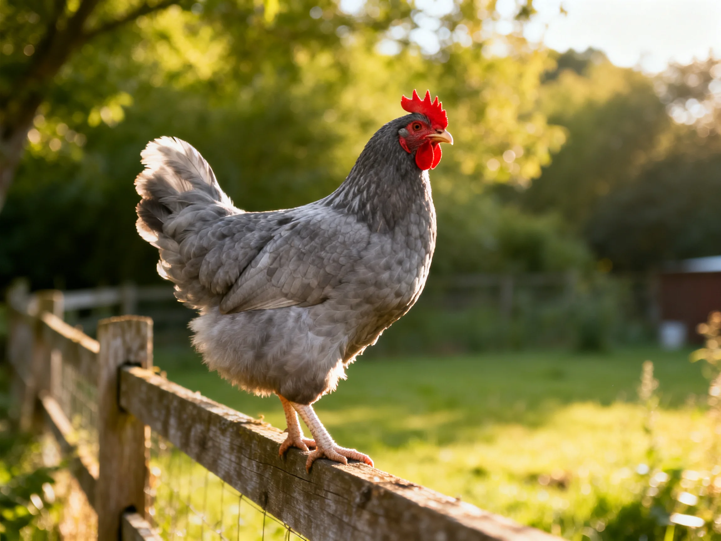 Gray chicken with red comb perched on wooden fence in sunlit countryside