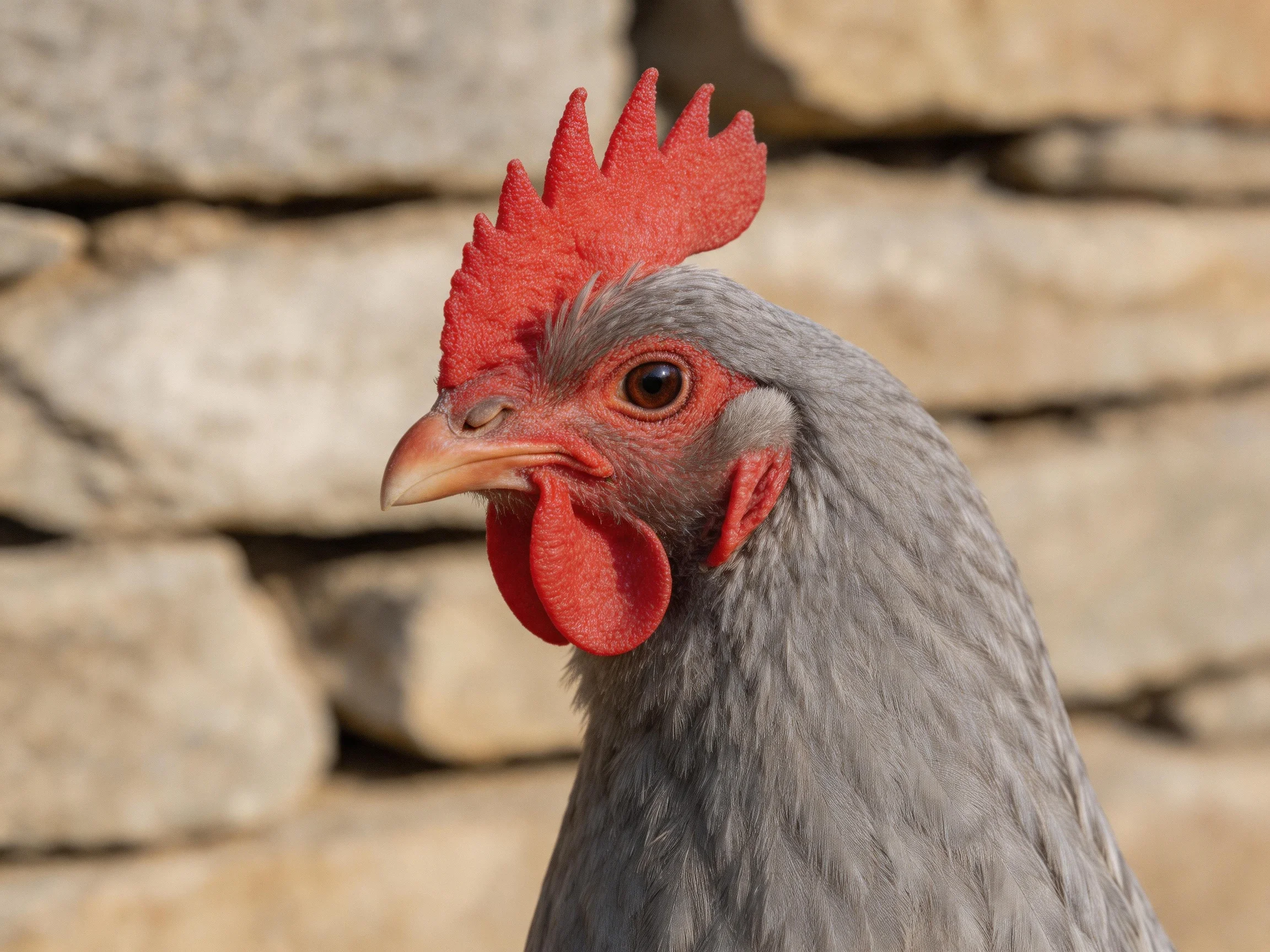 Gray-feathered chicken with bright red comb near stone wall