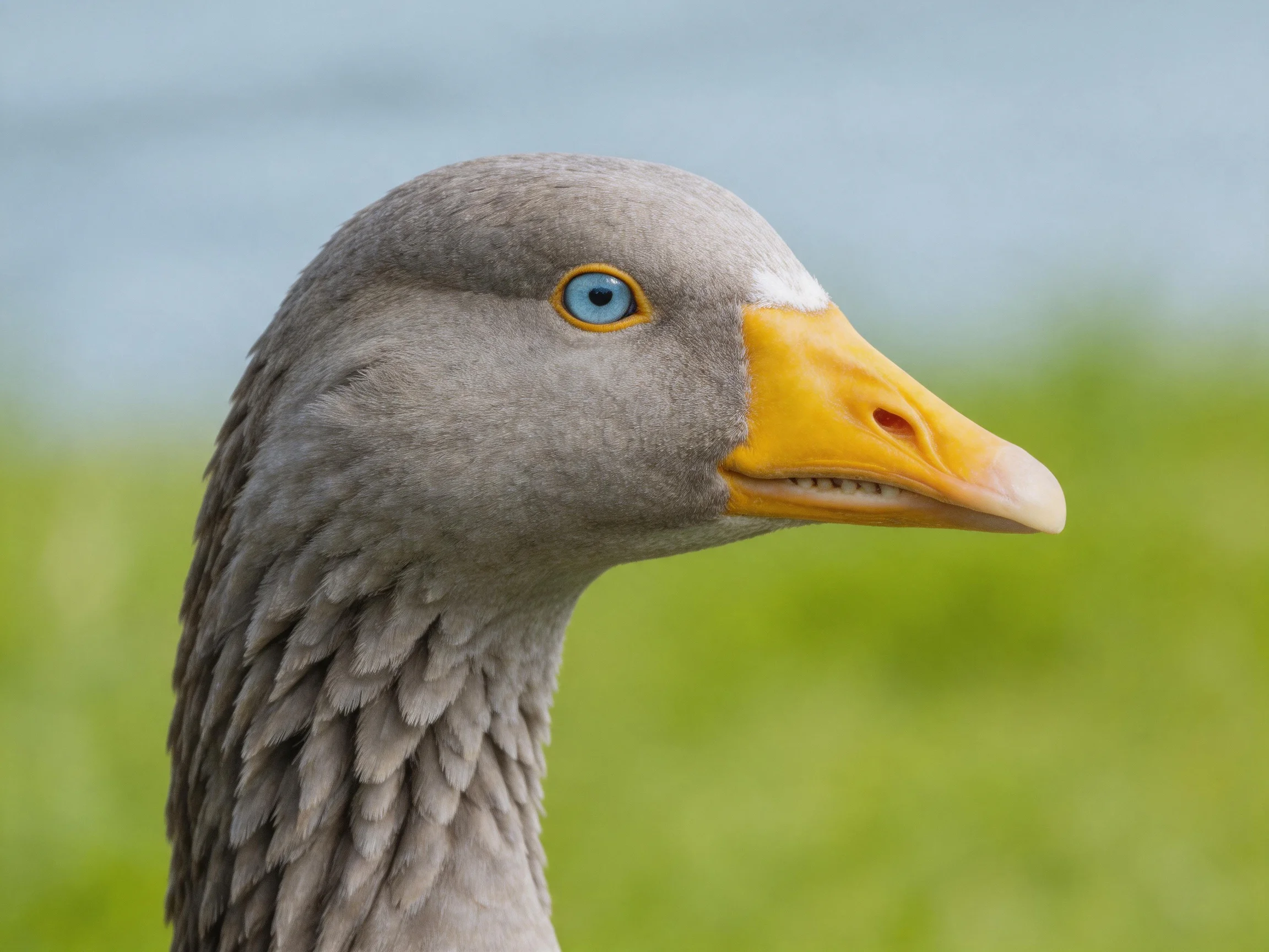 Gray-feathered goose with bright yellow beak and blue eye