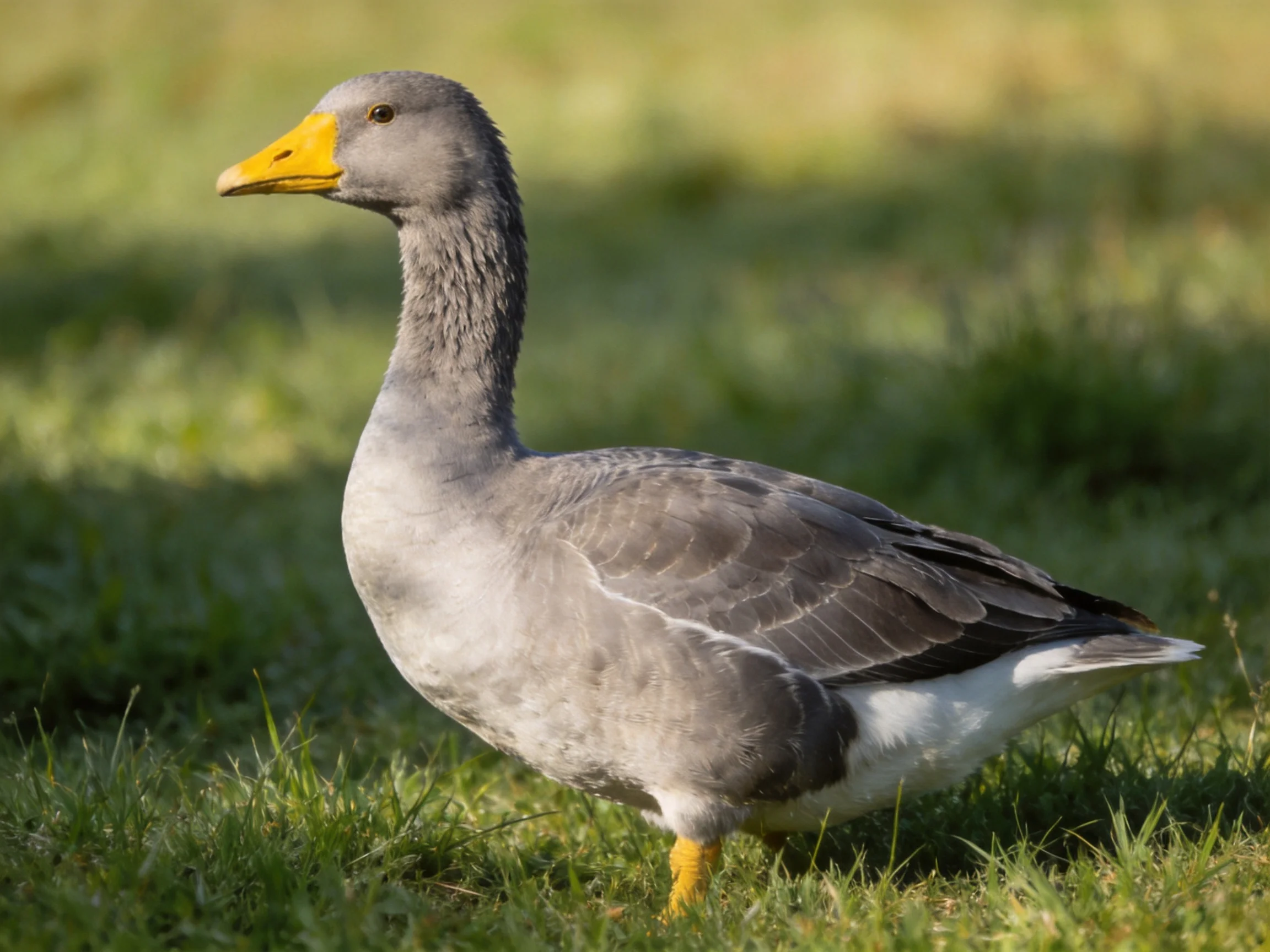Gray-feathered goose with yellow beak and white underparts on grass
