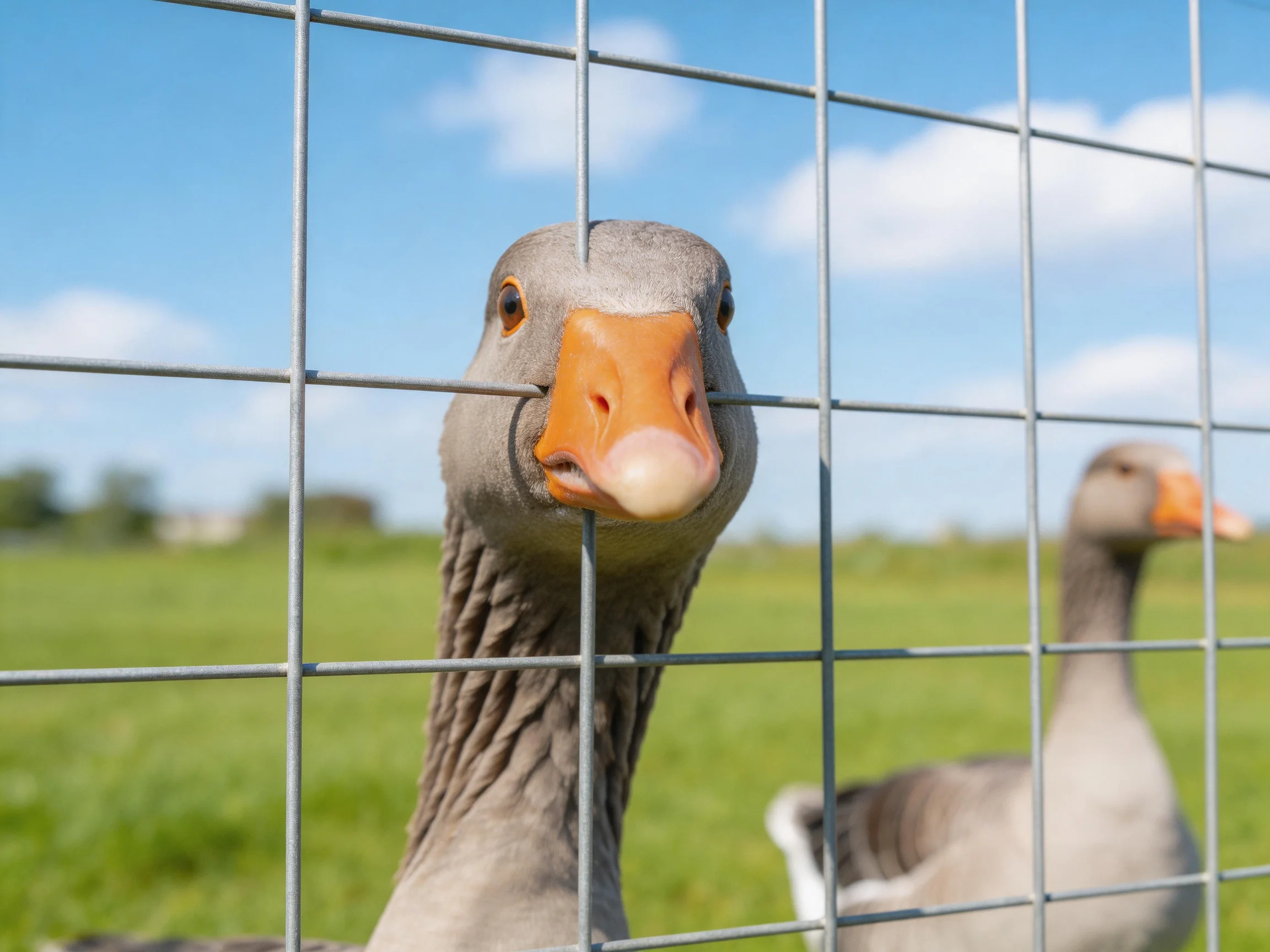 Gray geese with orange beaks behind metal fence in green field