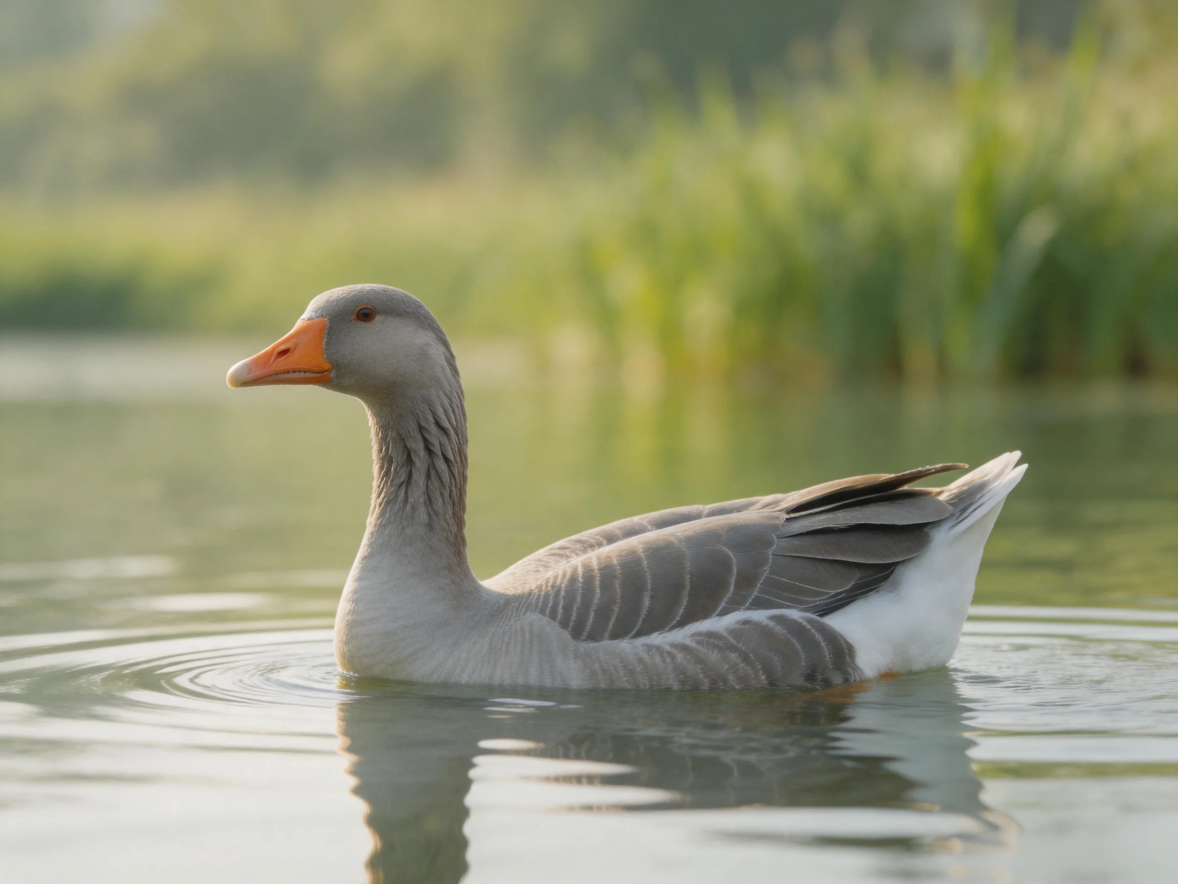 Gray goose gliding on calm water near lush green reeds