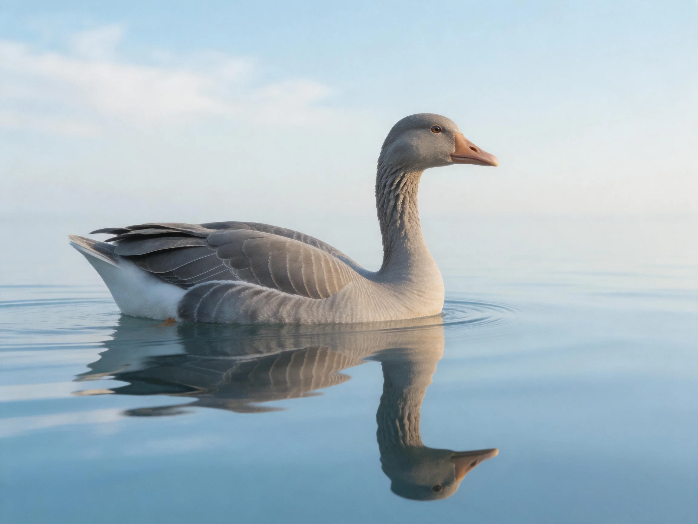Gray goose gliding on calm water with mirror - like reflection
