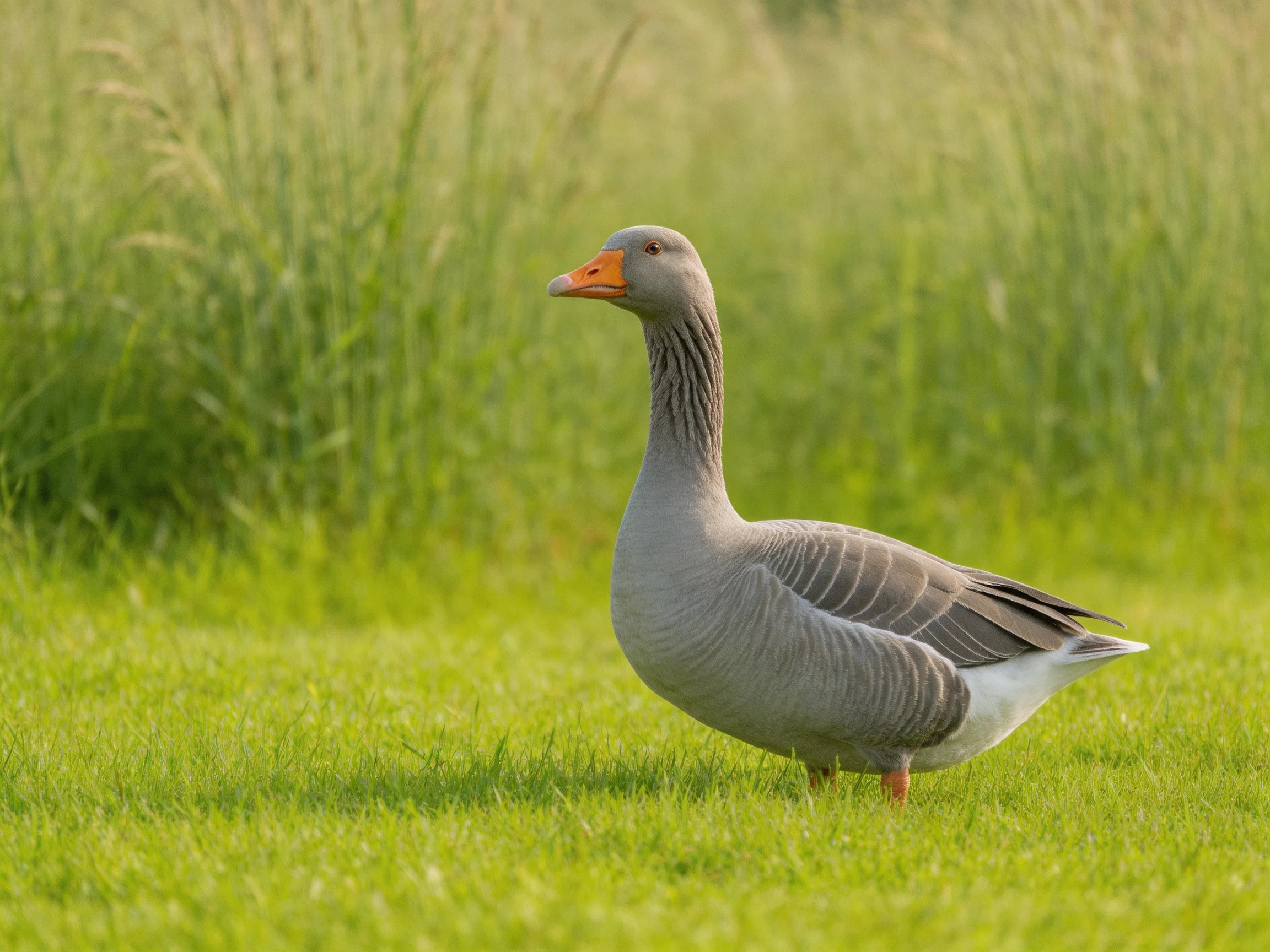 Gray goose on lush green grass near tall vegetation