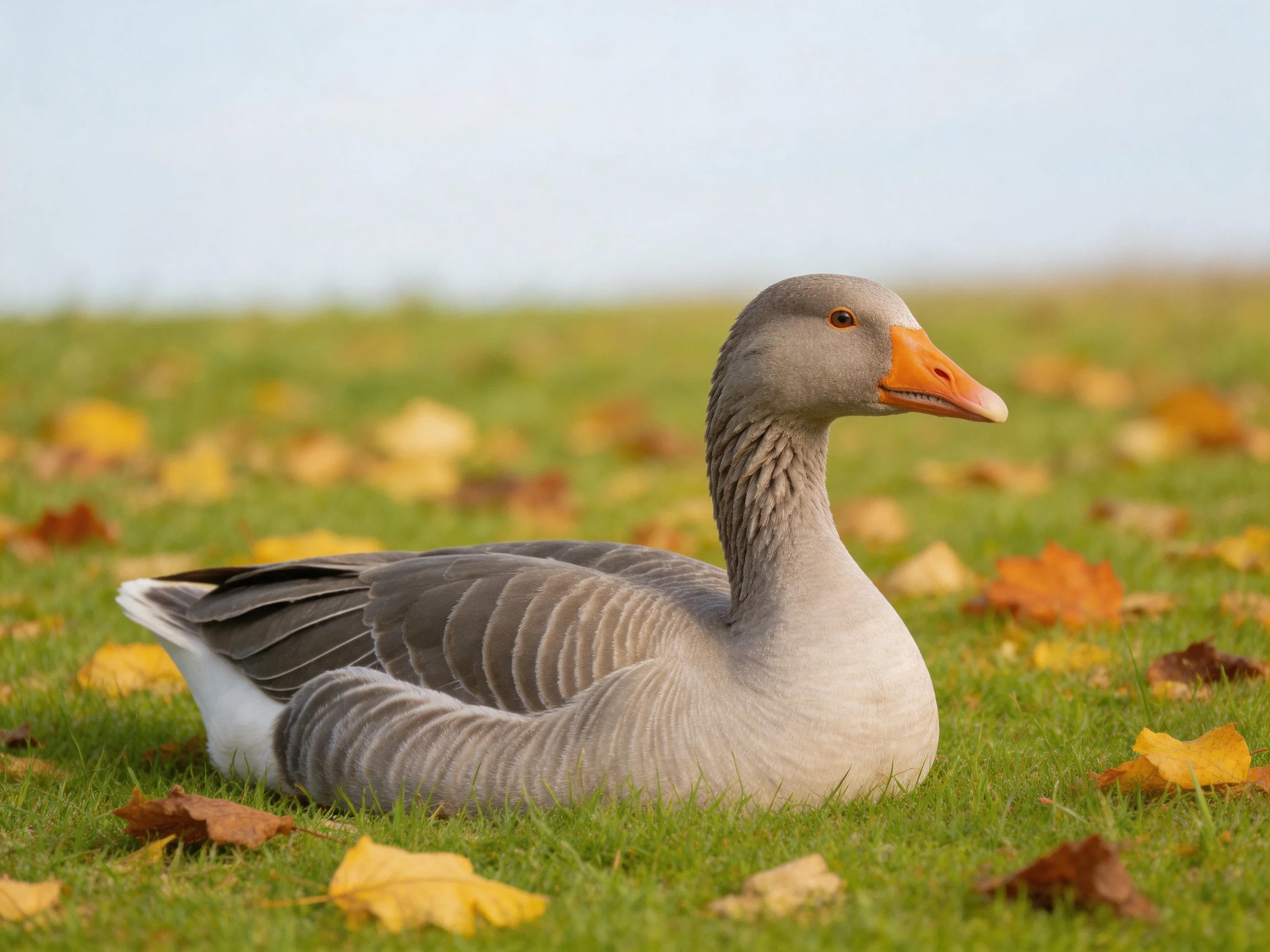 Gray goose resting on grassy field with scattered autumn foliage