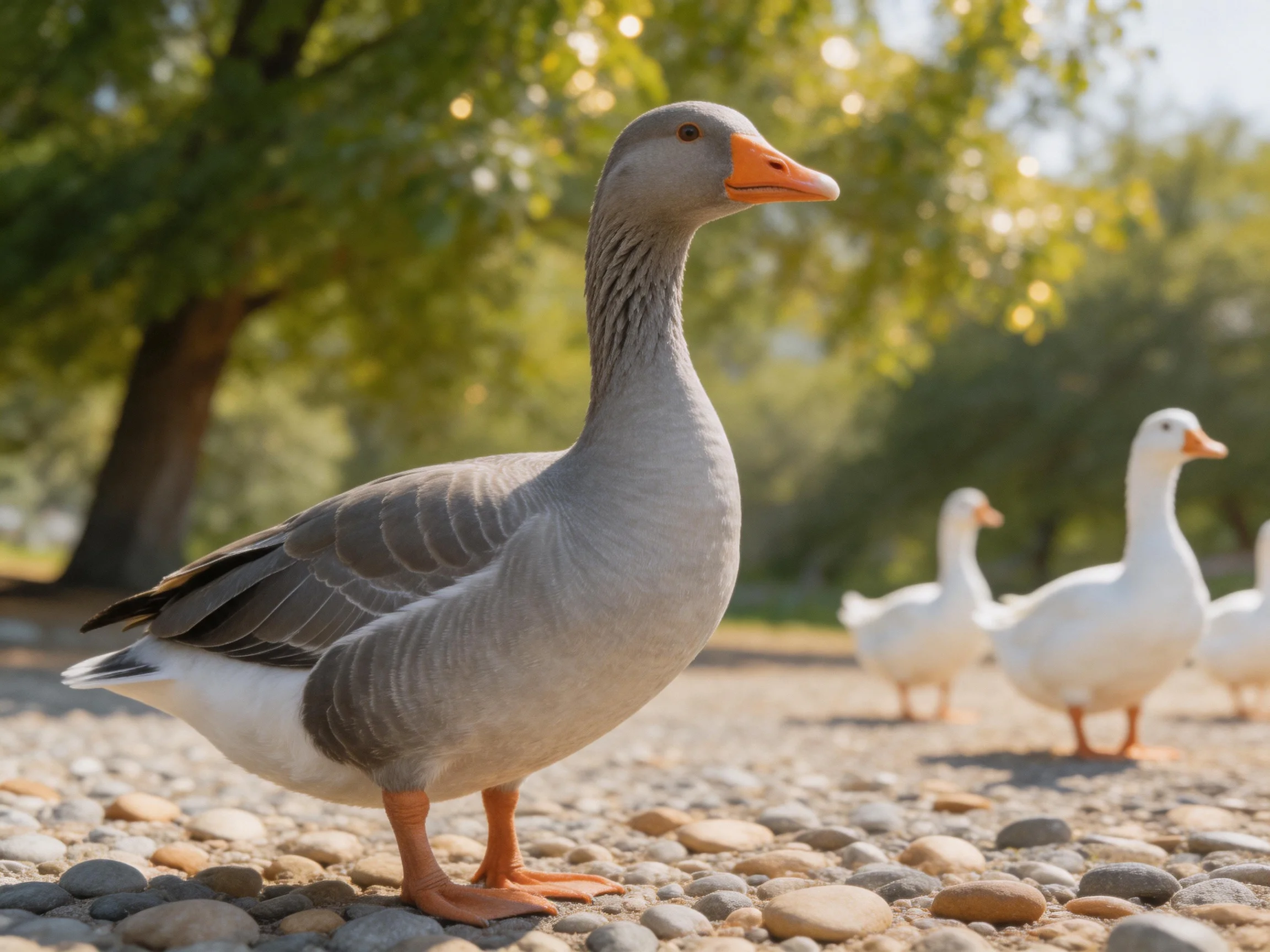 Gray goose stands on pebbled path with white geese near leafy trees