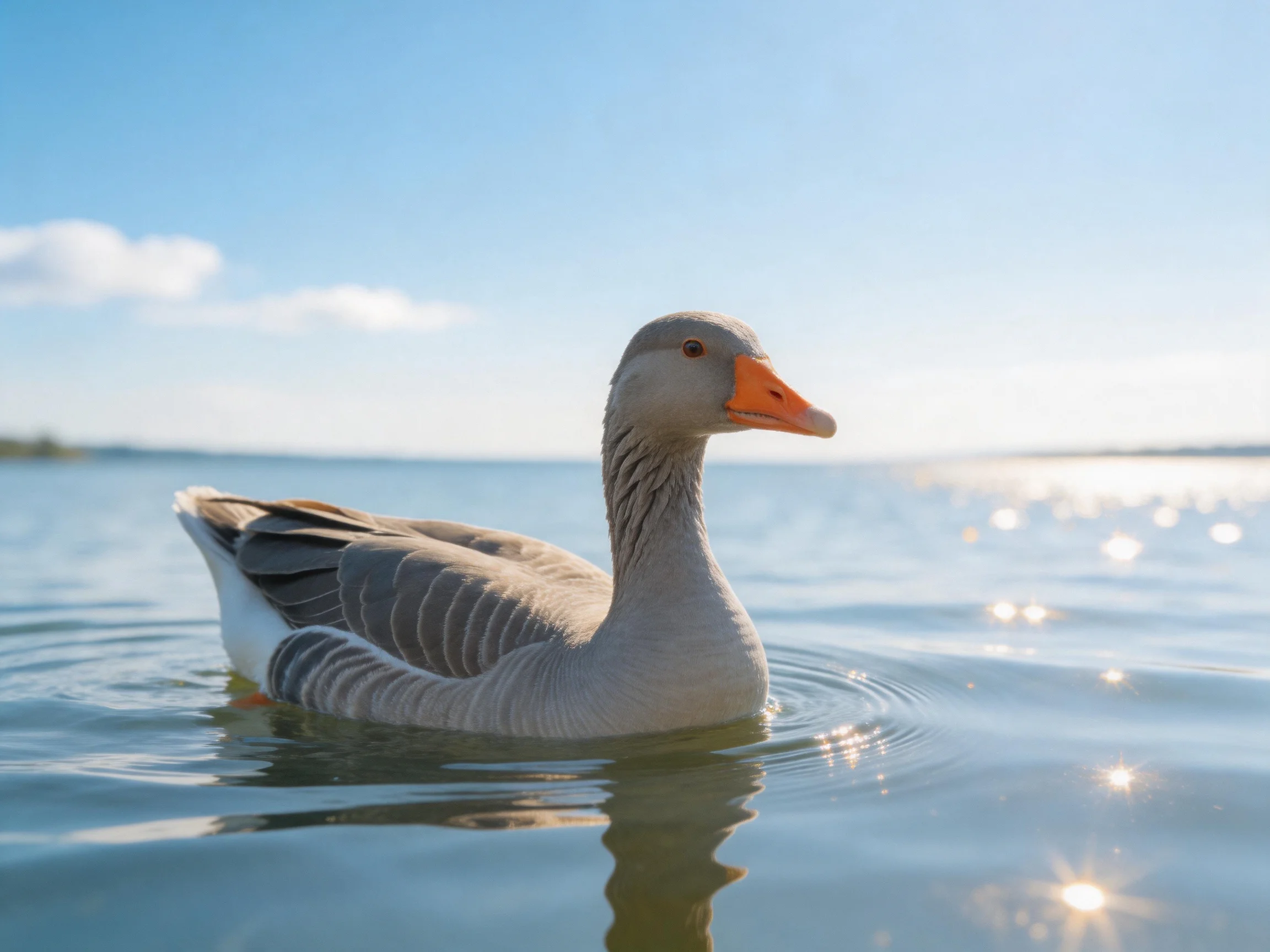 Gray goose swimming in calm water under a clear blue sky