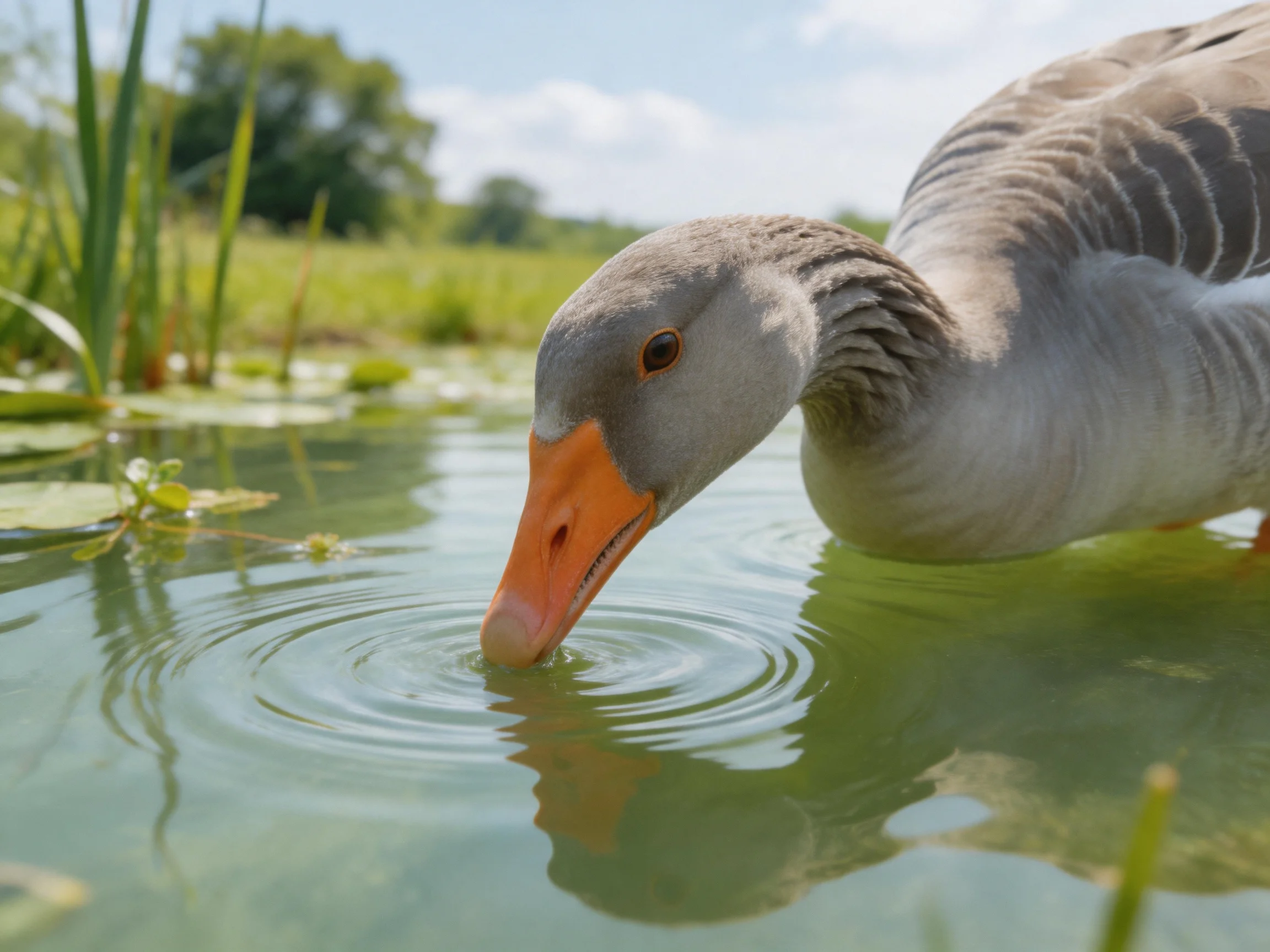 Gray goose with orange beak drinks from calm water near aquatic plants
