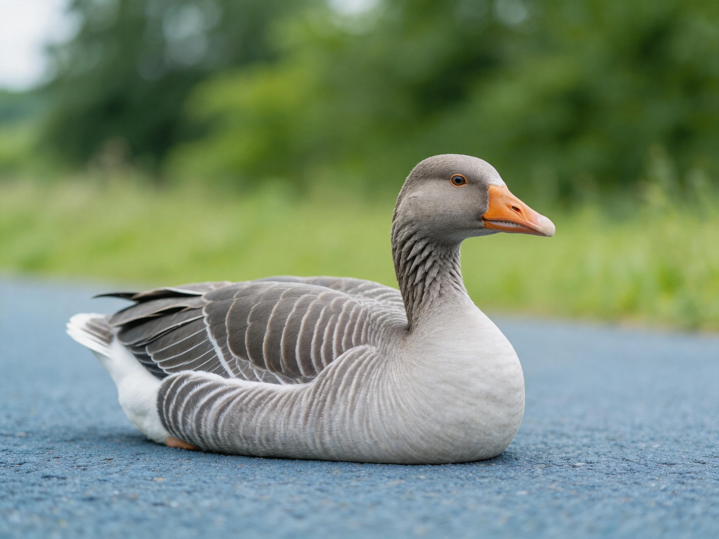 Gray goose with orange beak resting on blue pavement