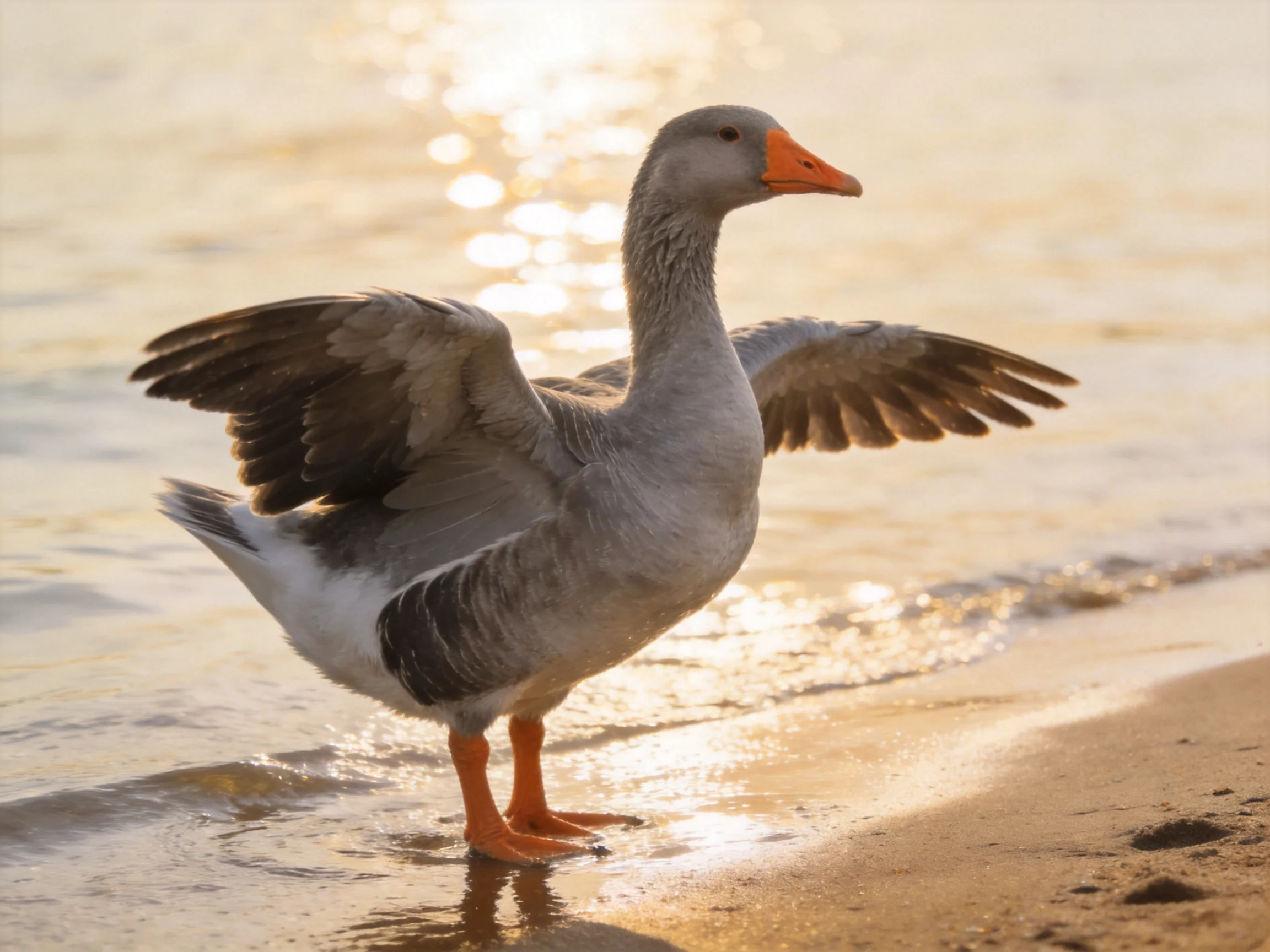 Gray goose with orange beak spreads wings on sandy shore