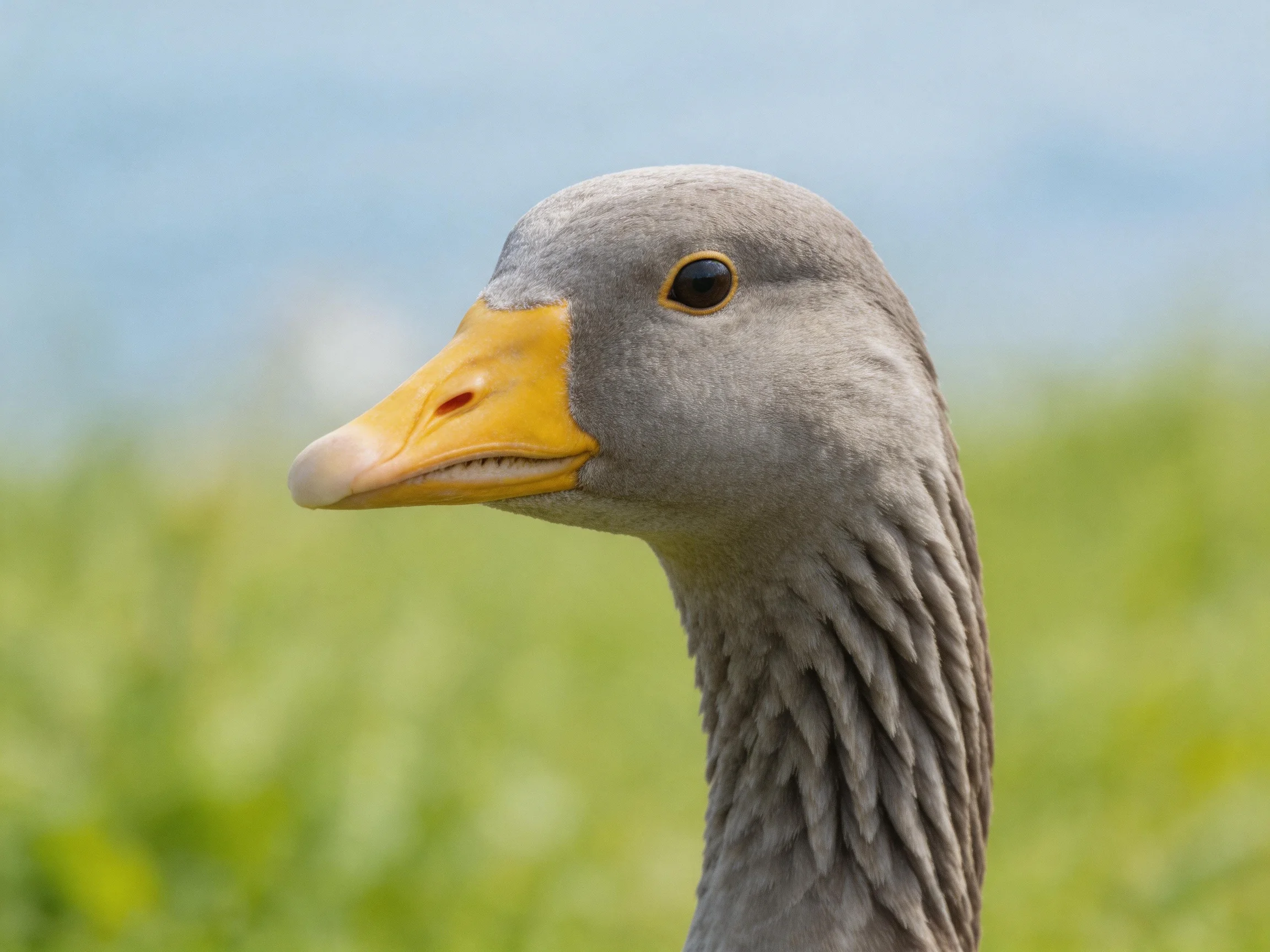 Gray goose with vibrant yellow beak amidst blurred green landscape