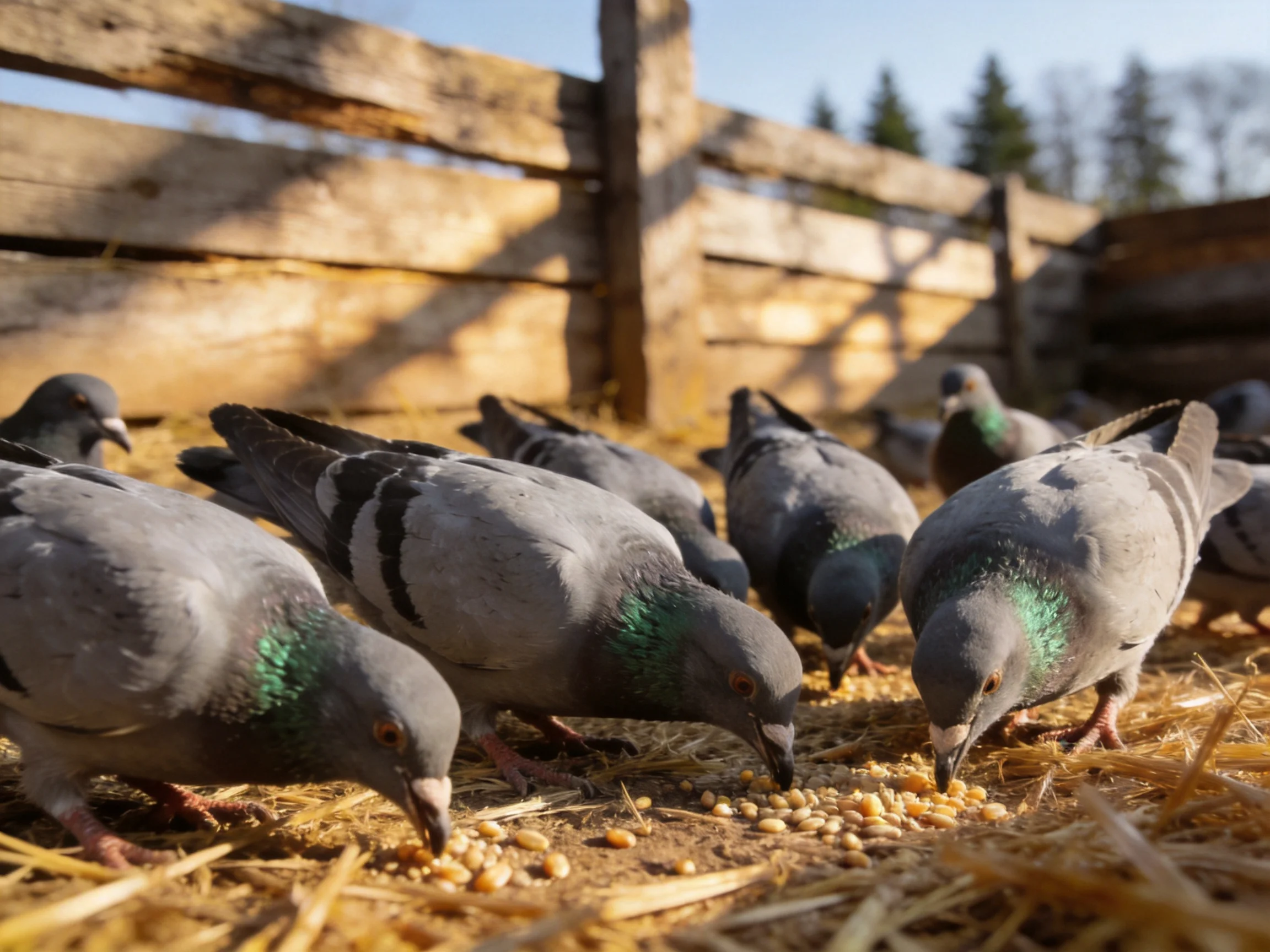 Gray-green Pigeons Gather to Feed on Seeds Near a Wooden Fence