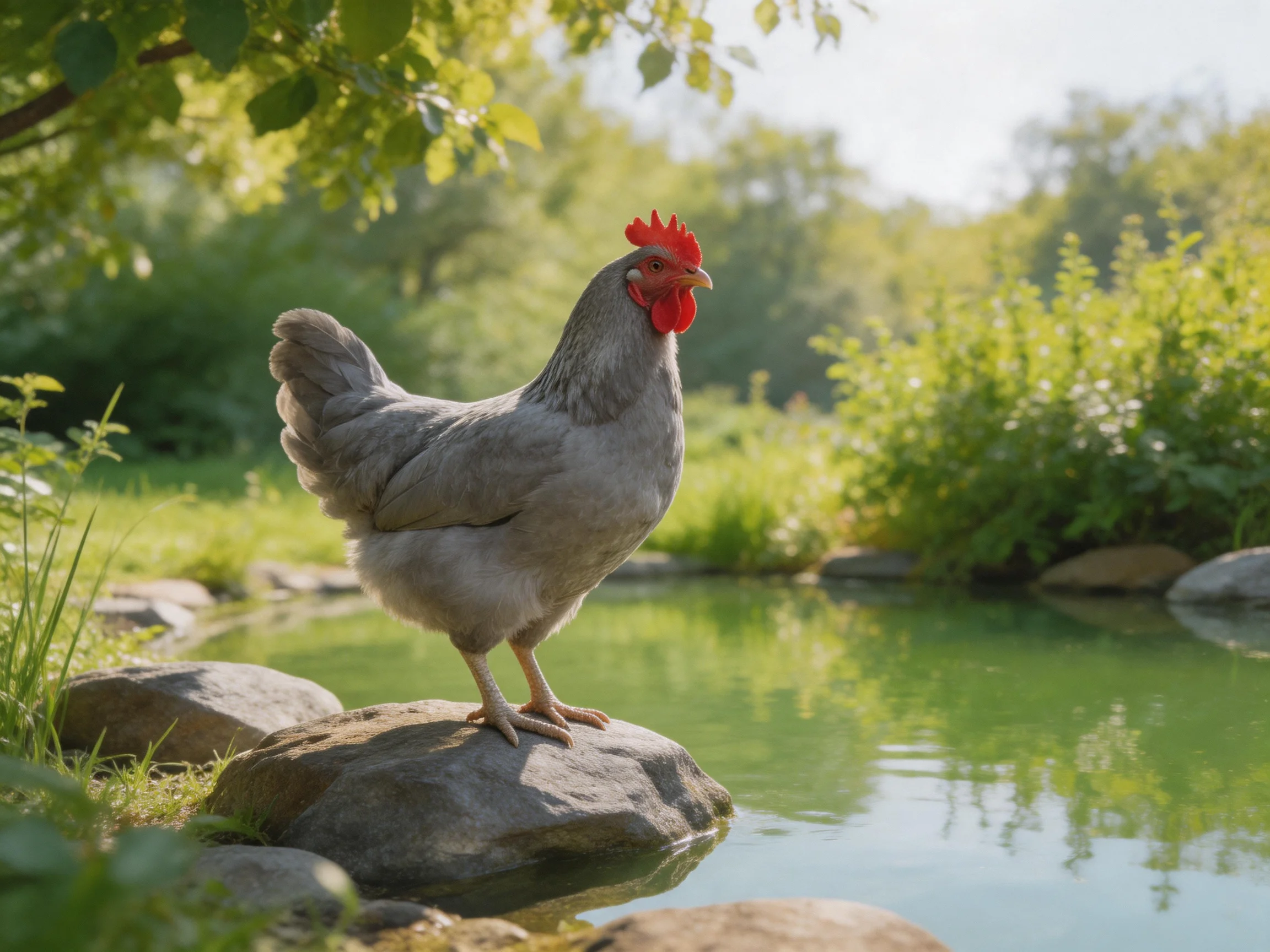 Gray hen stands on rocks by calm pond in green landscape