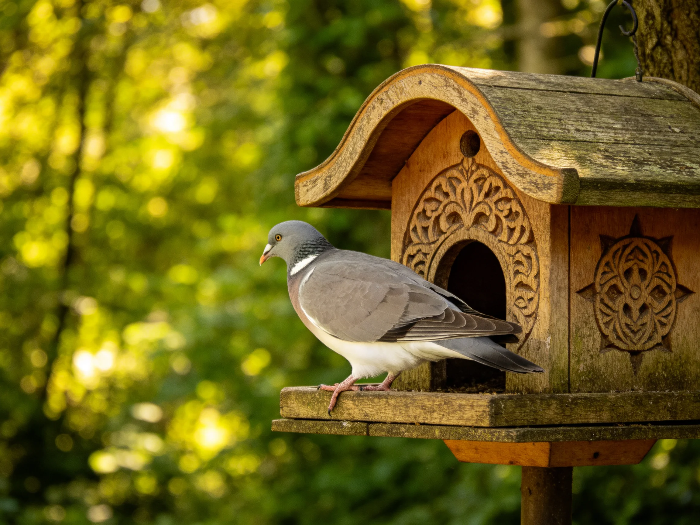 Gray pigeon rests on intricately carved wooden birdhouse amidst sunlit forest