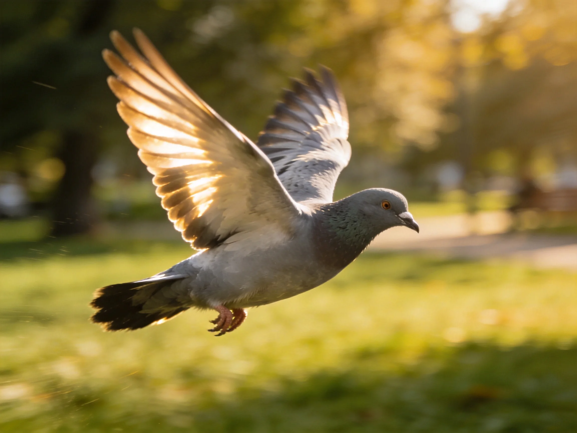 Gray pigeon soaring with outstretched wings in sunlit park