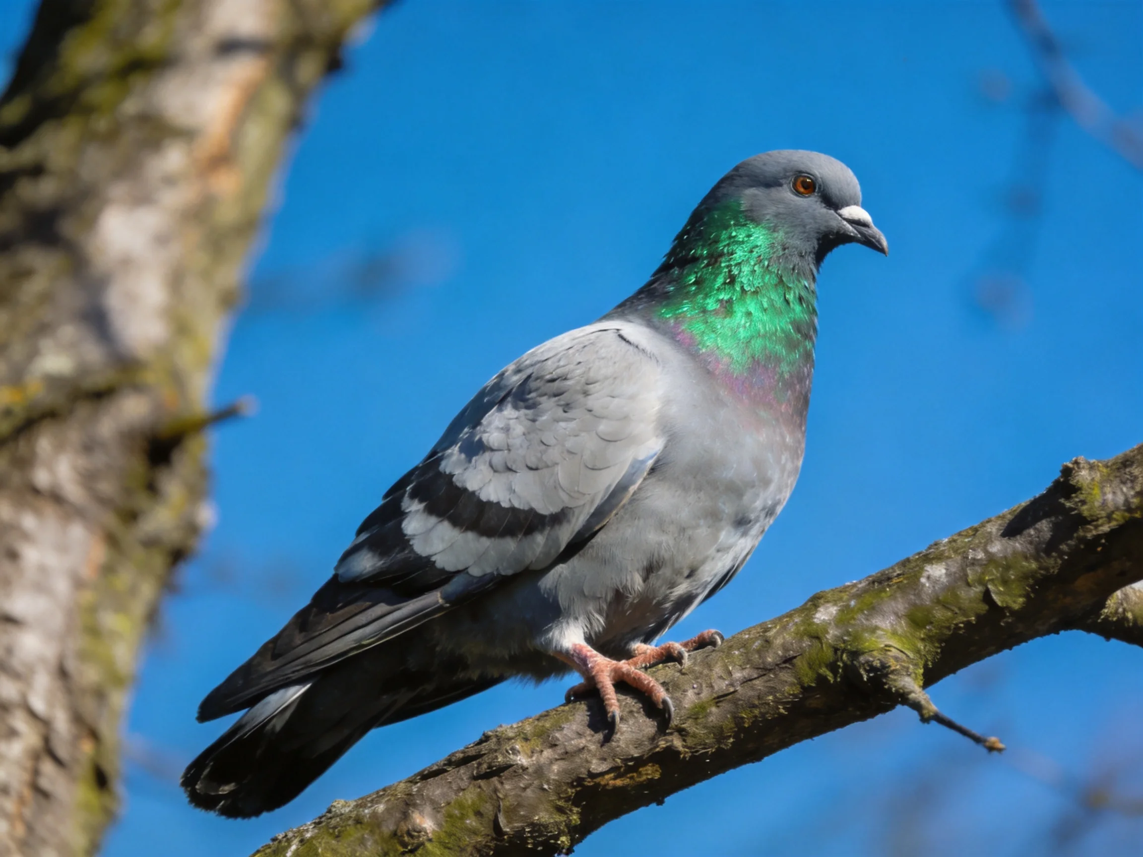 Gray pigeon with iridescent neck perches on moss-covered tree branch against clear blue sky