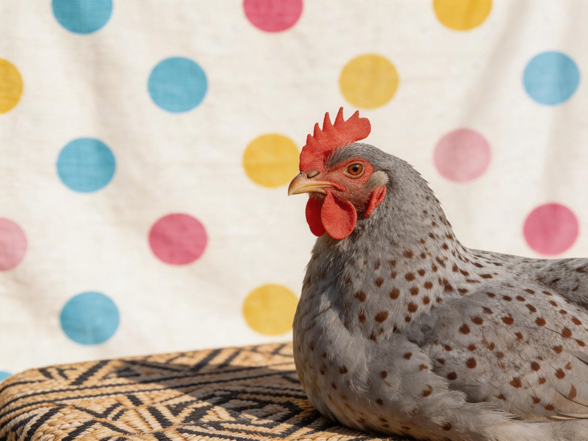 Gray-spotted hen rests near colorful polka-dot fabric backdrop