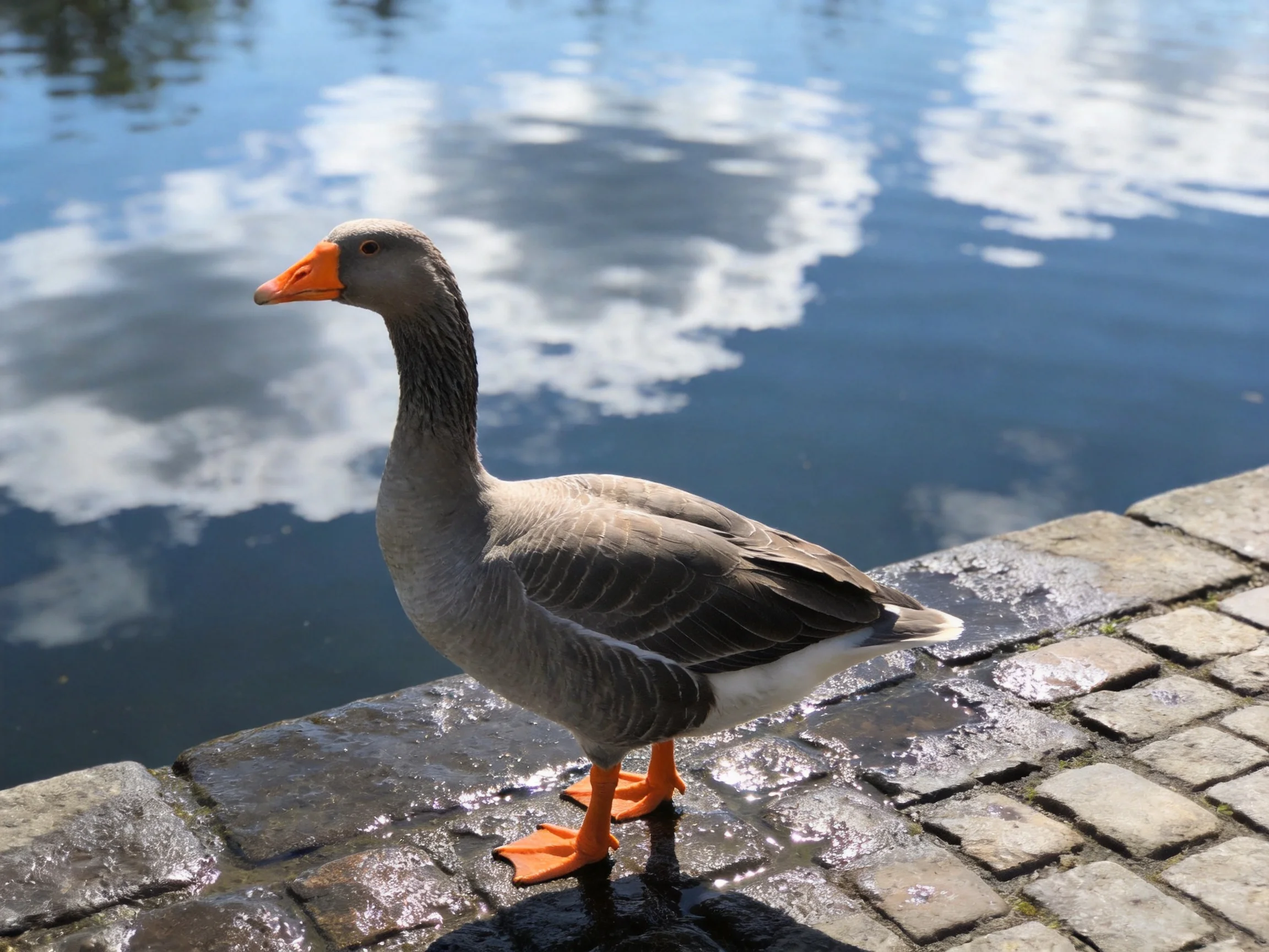 A gray goose with an orange beak stands beside a tranquil waterway.